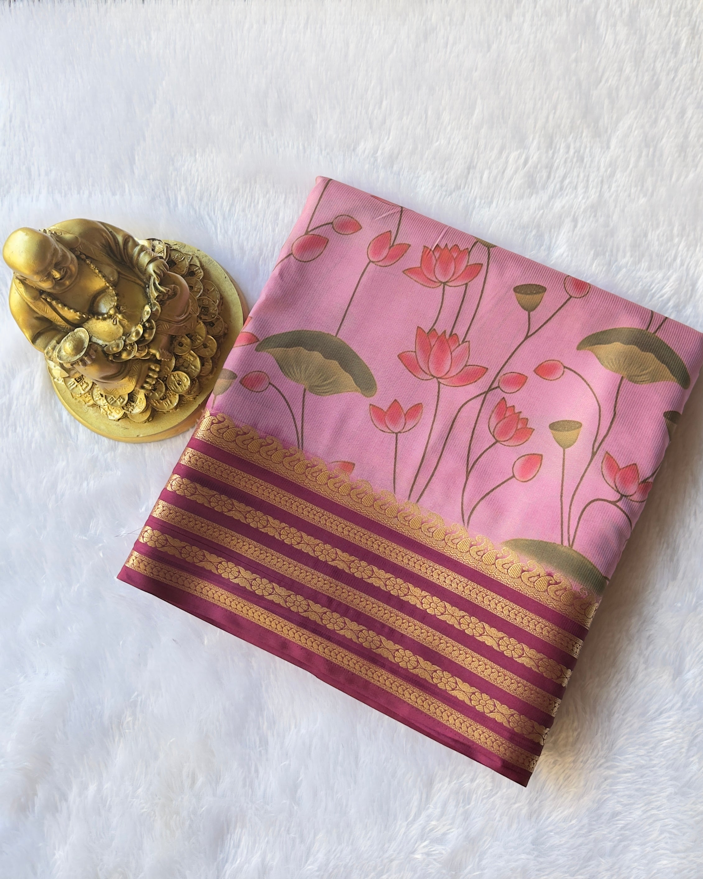 Semi Mysore Silk Mango Floral Strip Border with Lotus Print
