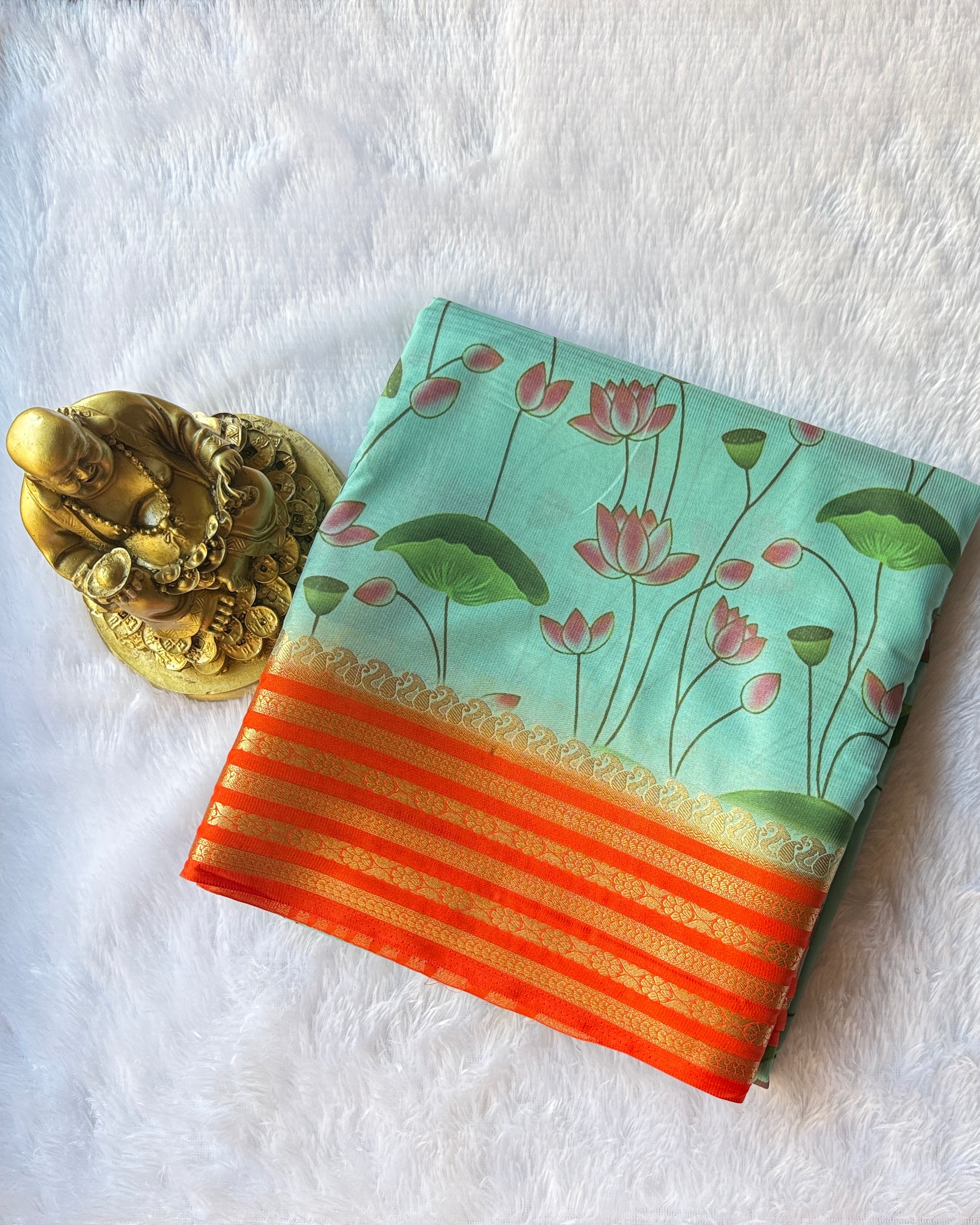 Semi Mysore Silk Mango Floral Strip Border with Lotus Print