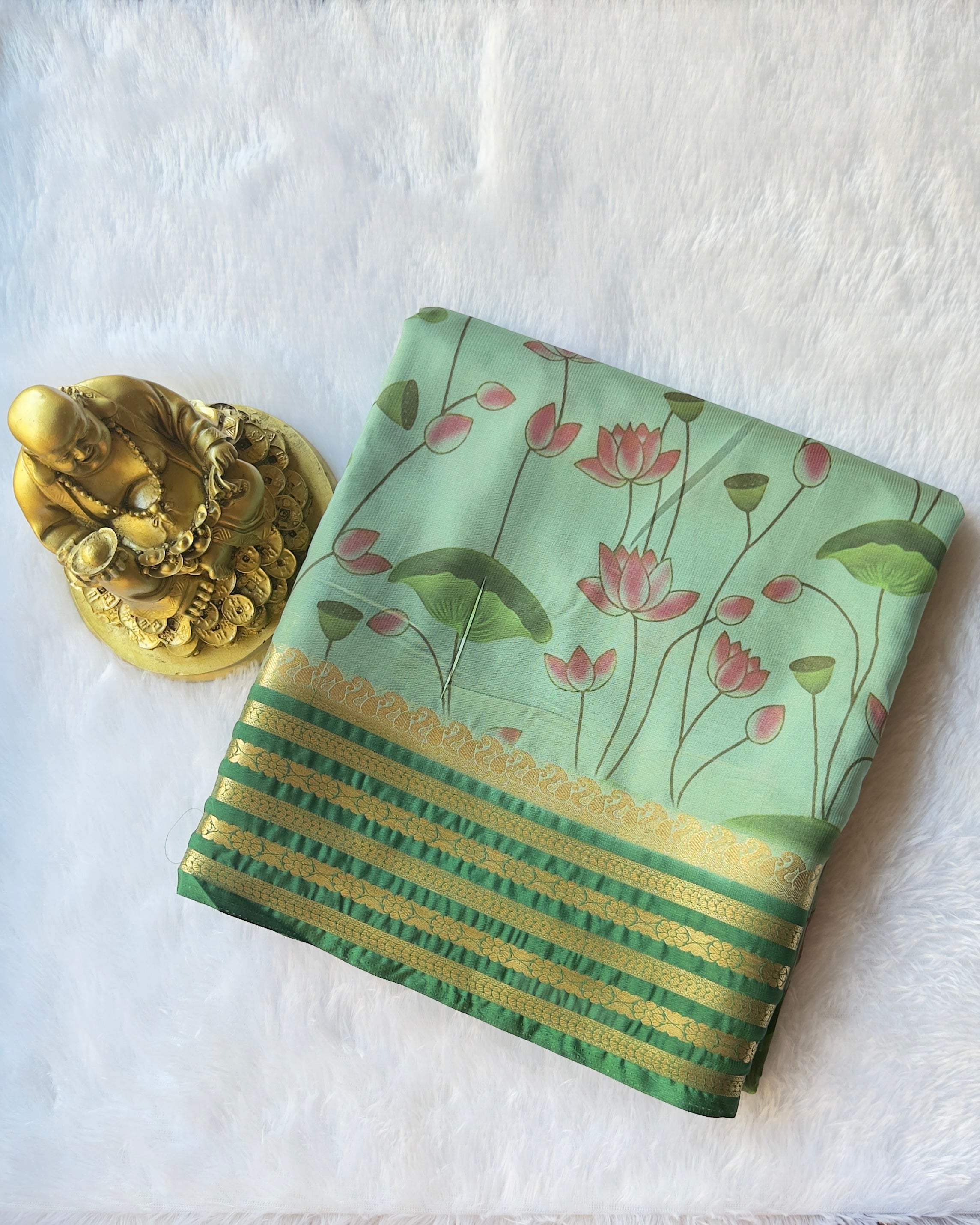 Semi Mysore Silk Mango Floral Strip Border with Lotus Print