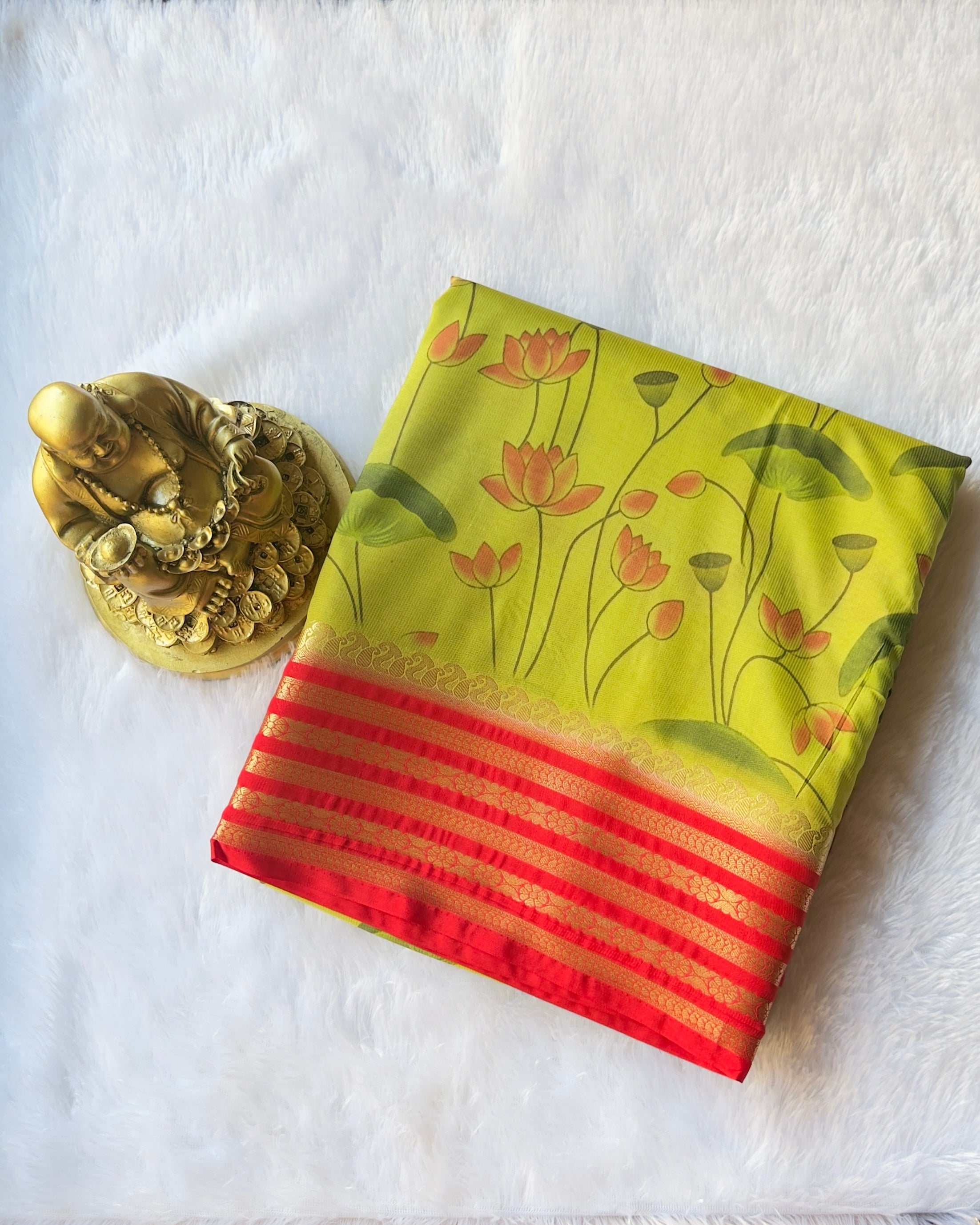 Semi Mysore Silk Mango Floral Strip Border with Lotus Print