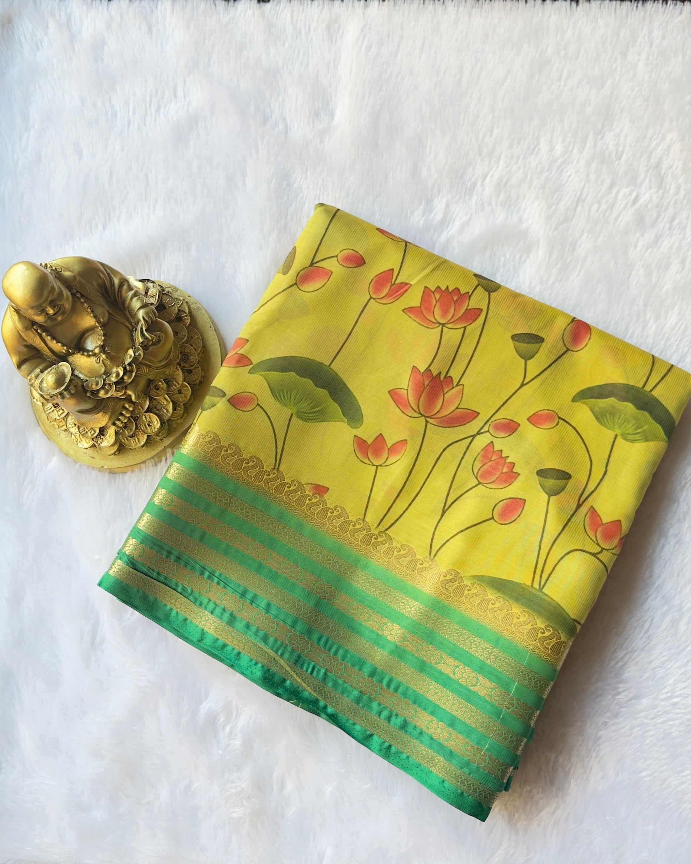 Semi Mysore Silk Mango Floral Strip Border with Lotus Print