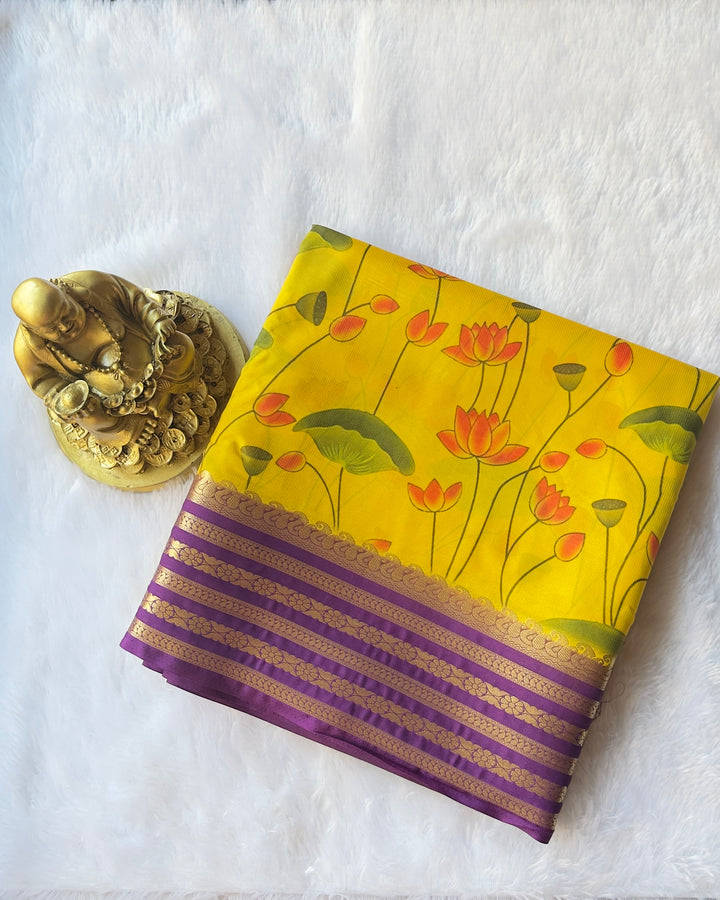 Semi Mysore Silk Mango Floral Strip Border with Lotus Print