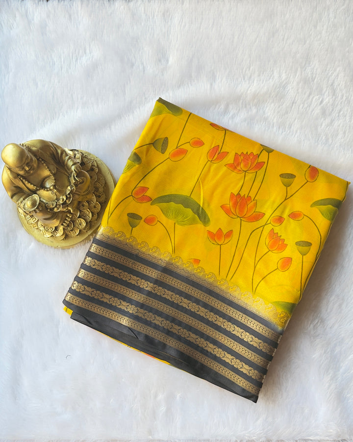 Semi Mysore Silk Mango Floral Strip Border with Lotus Print