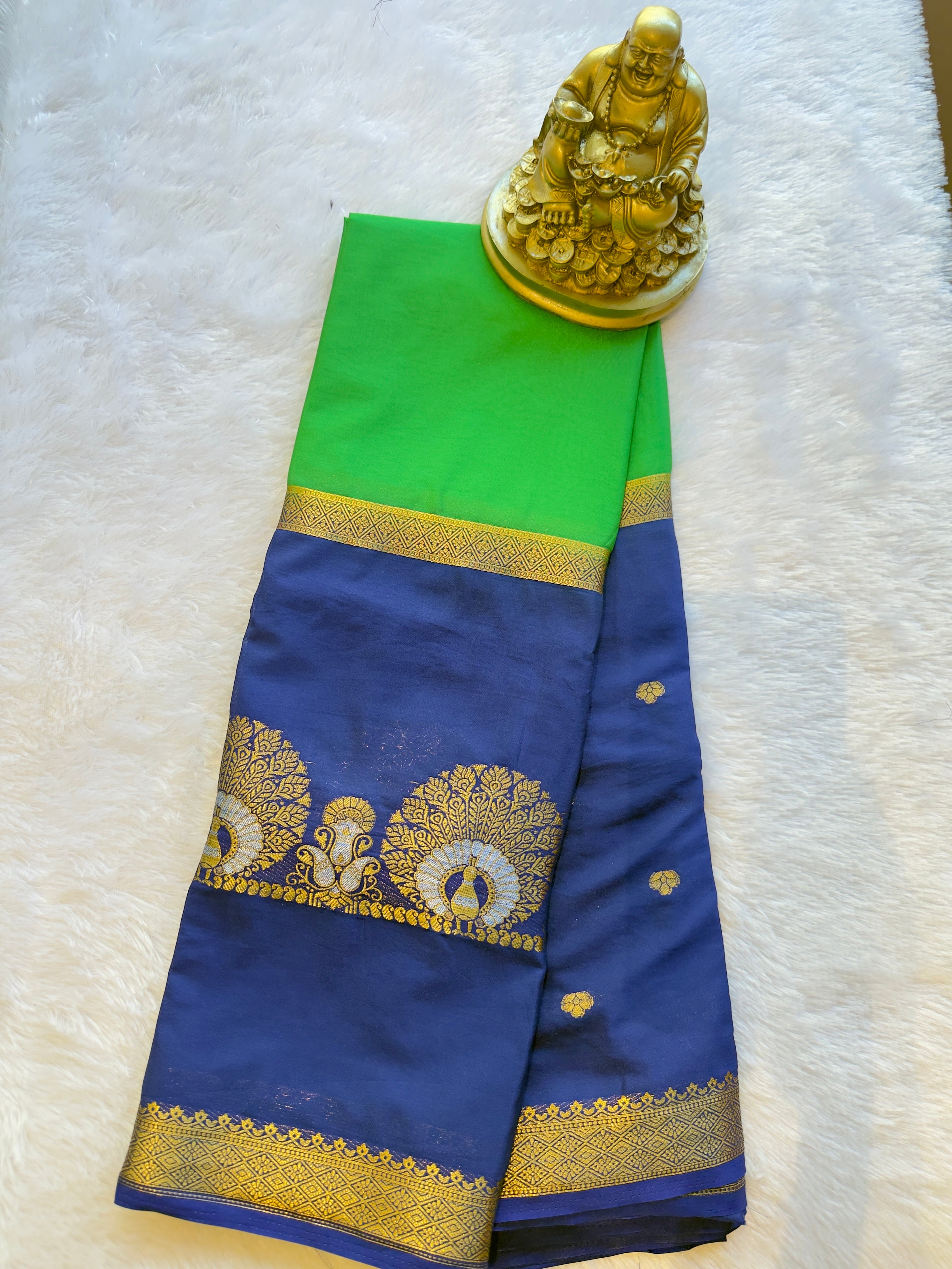 Semi Mysore Silk Narayani Peacock Panel Chit Contrast