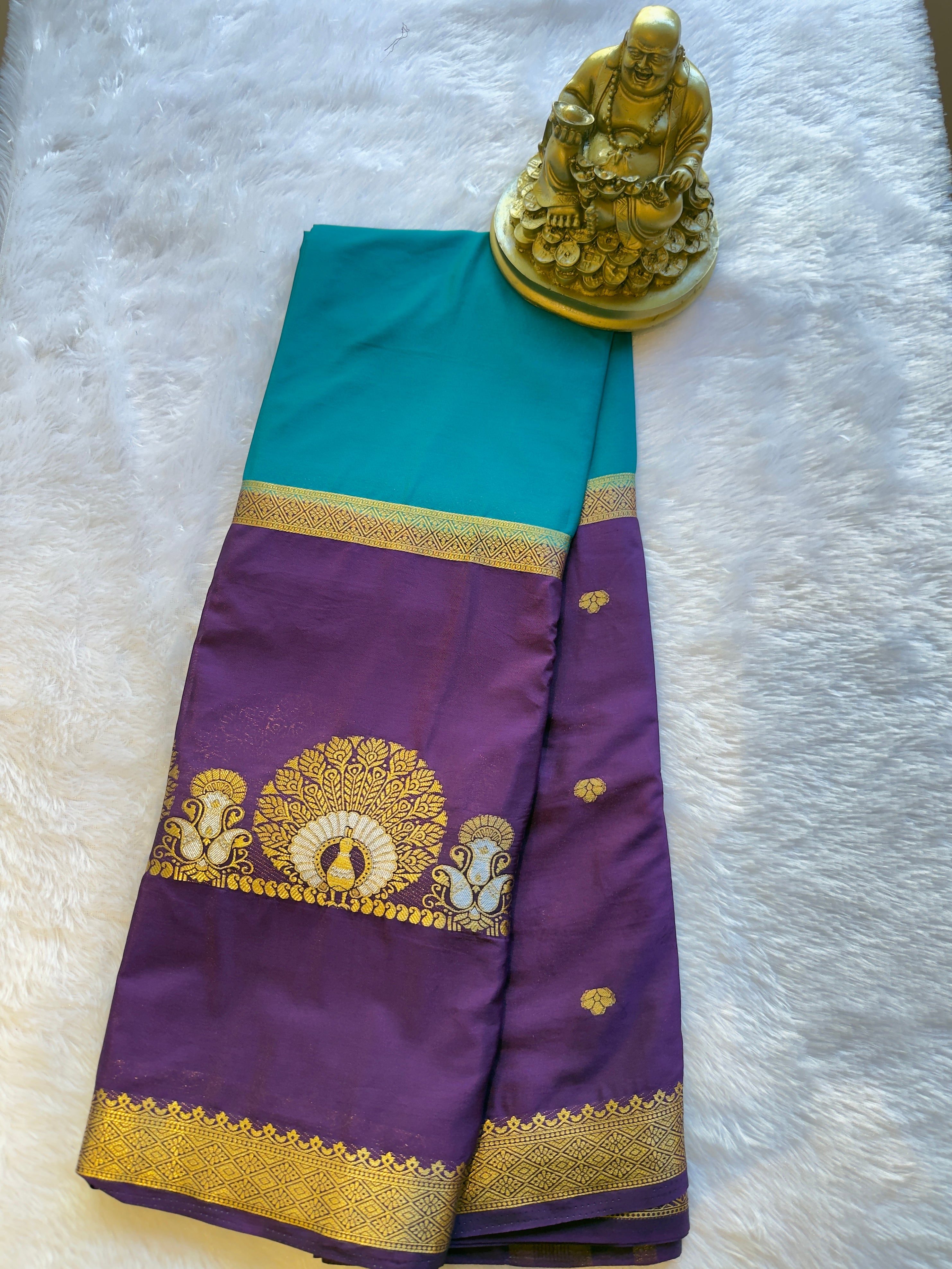 Semi Mysore Silk Narayani Peacock Panel Chit Contrast