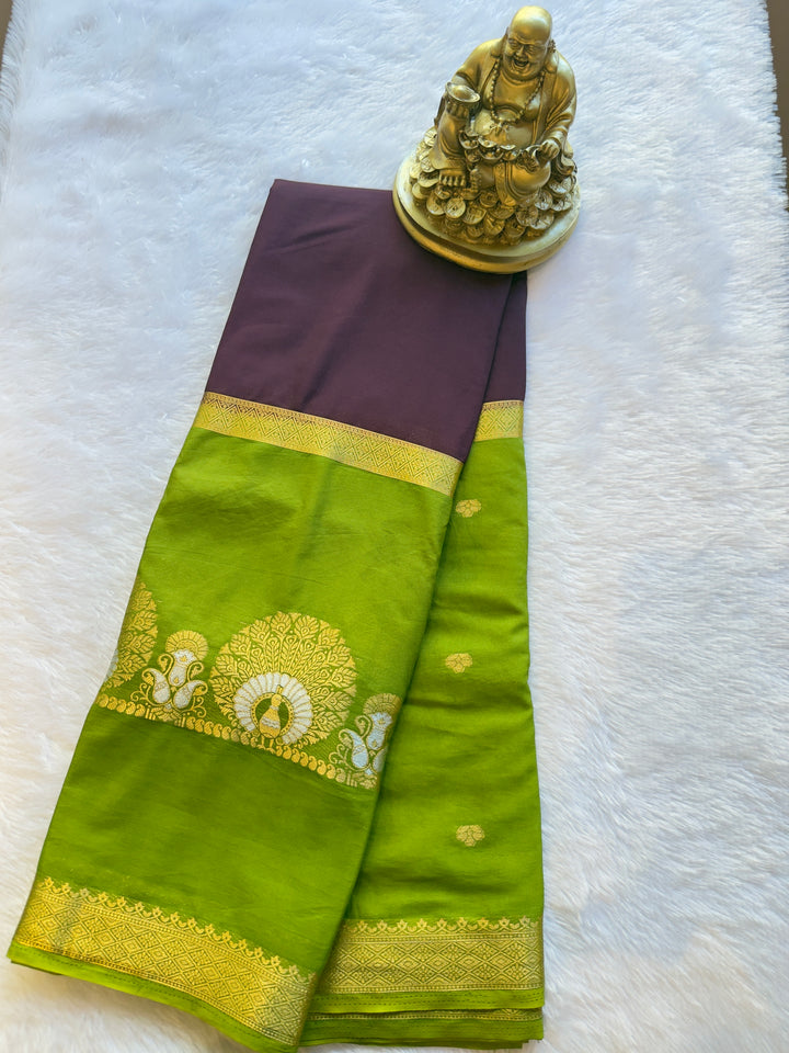 Semi Mysore Silk Narayani Peacock Panel Chit Contrast