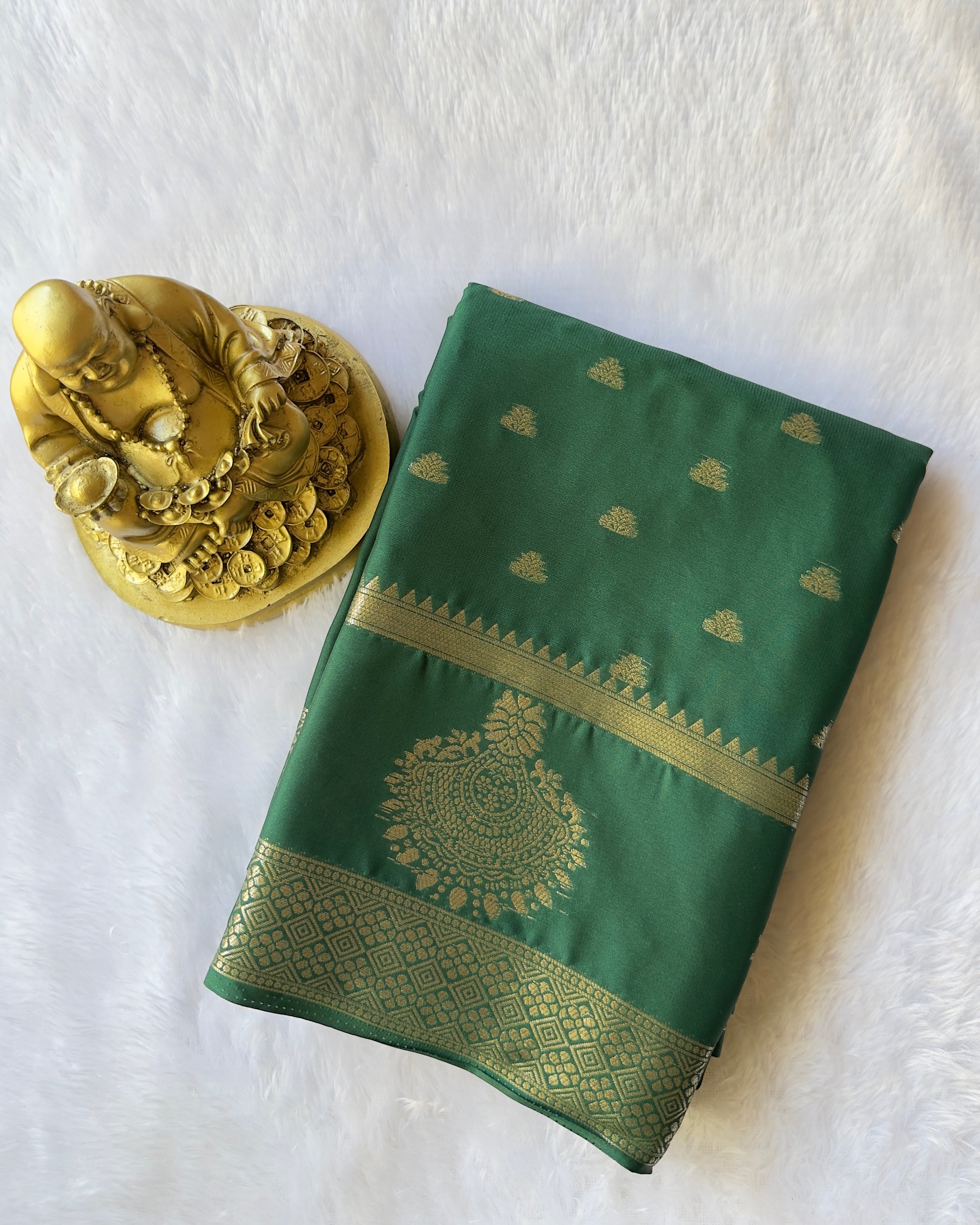 Semi Mysore Silk N D Crepe Self Butta With Mayura Border