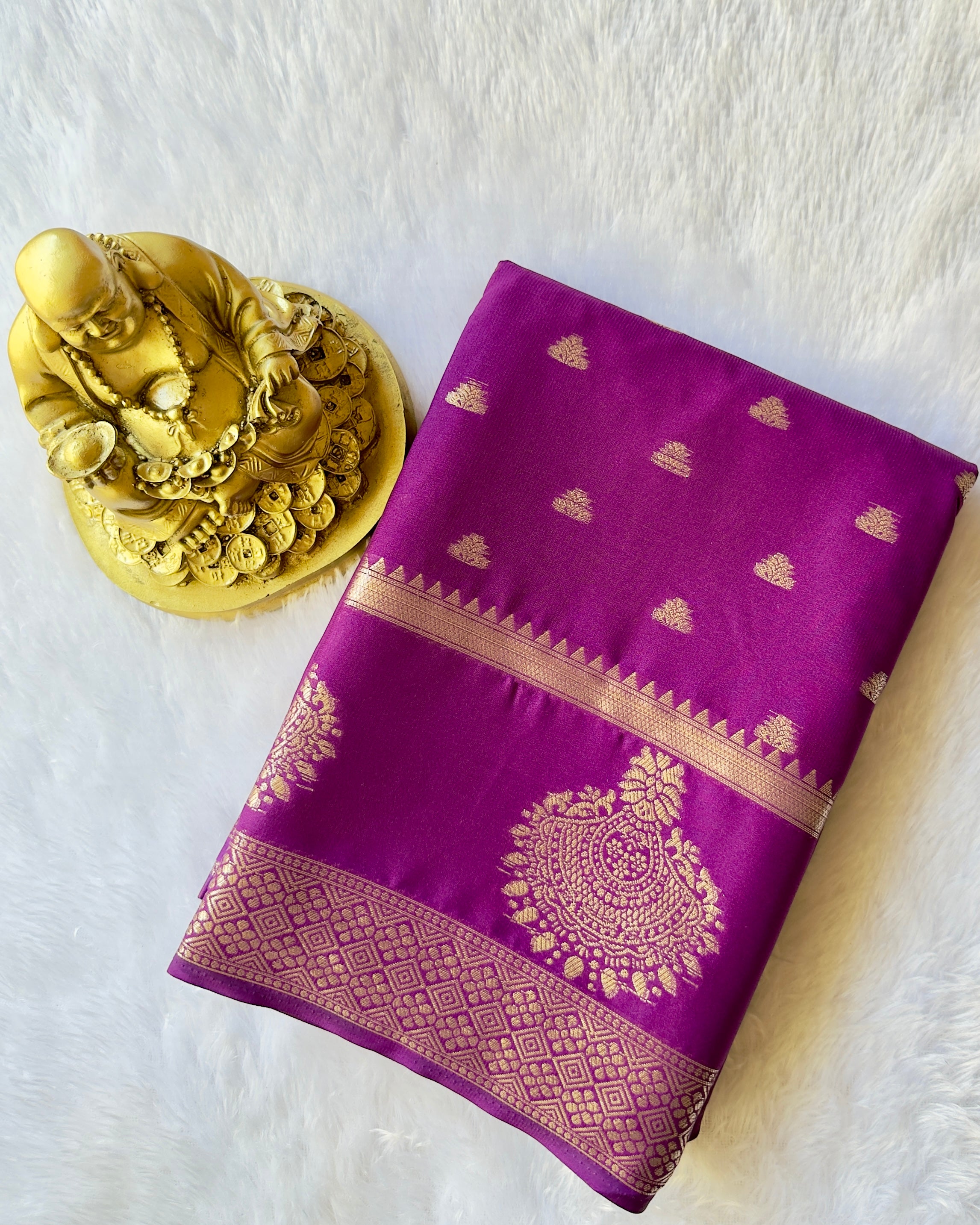 Semi Mysore Silk N D Crepe Self Butta With Mayura Border