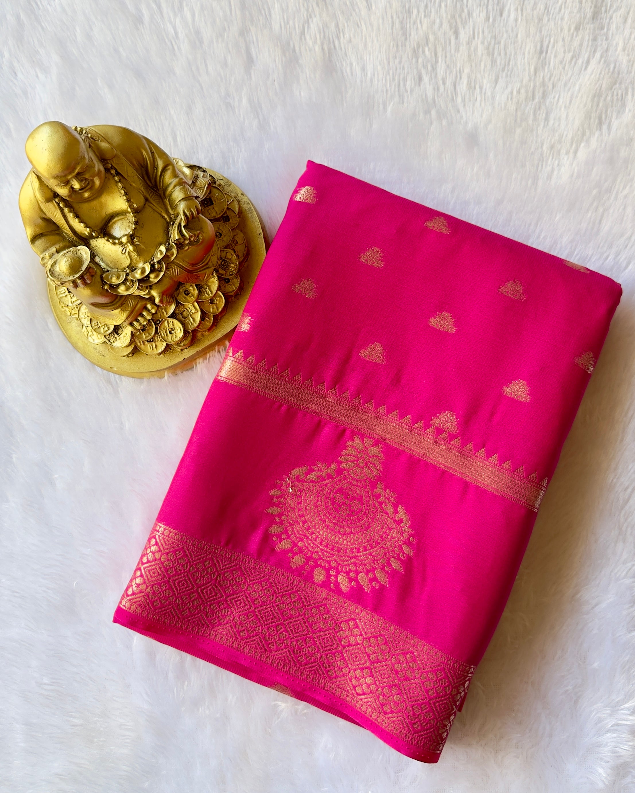 Semi Mysore Silk N D Crepe Self Butta With Mayura Border