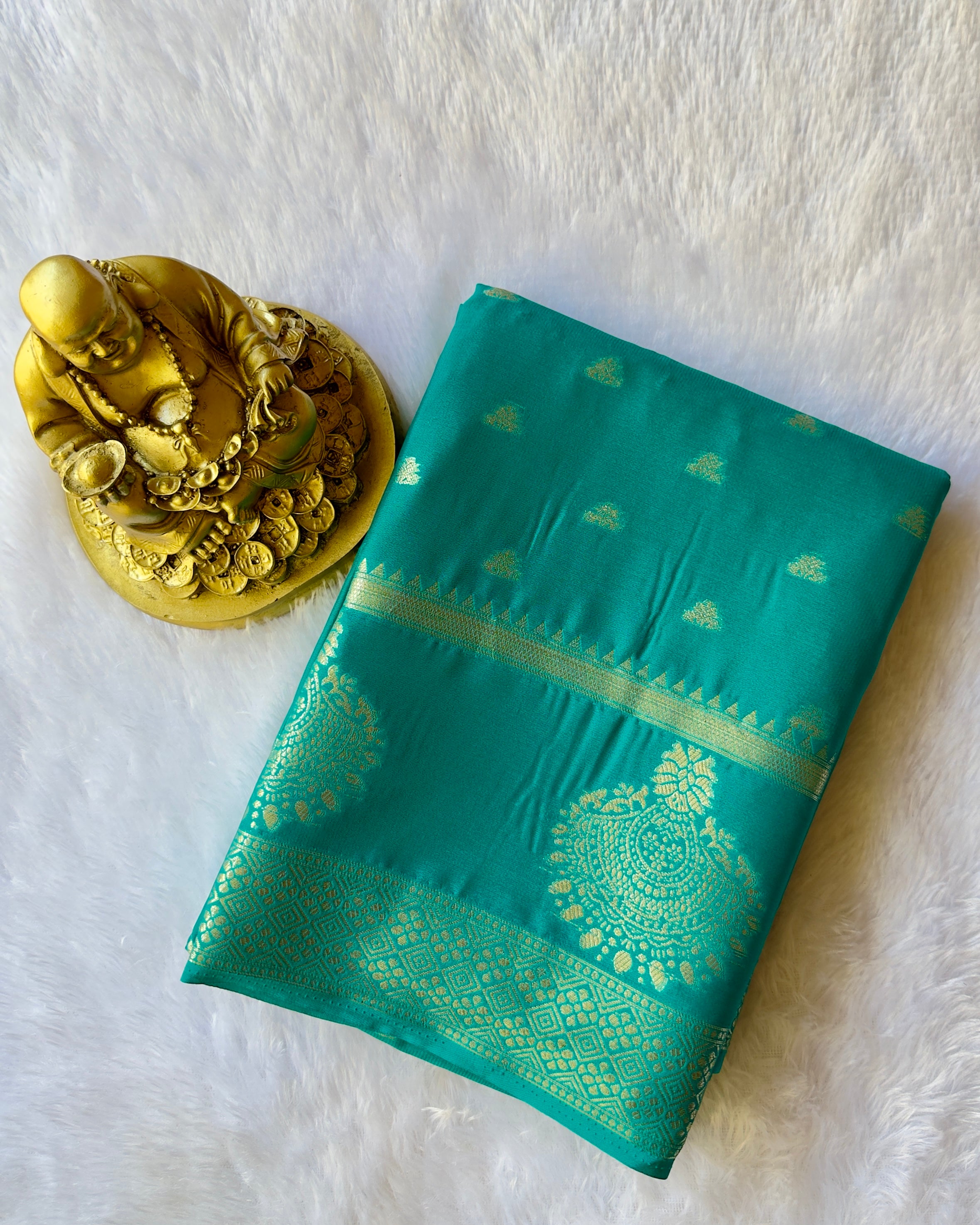 Semi Mysore Silk N D Crepe Self Butta With Mayura Border