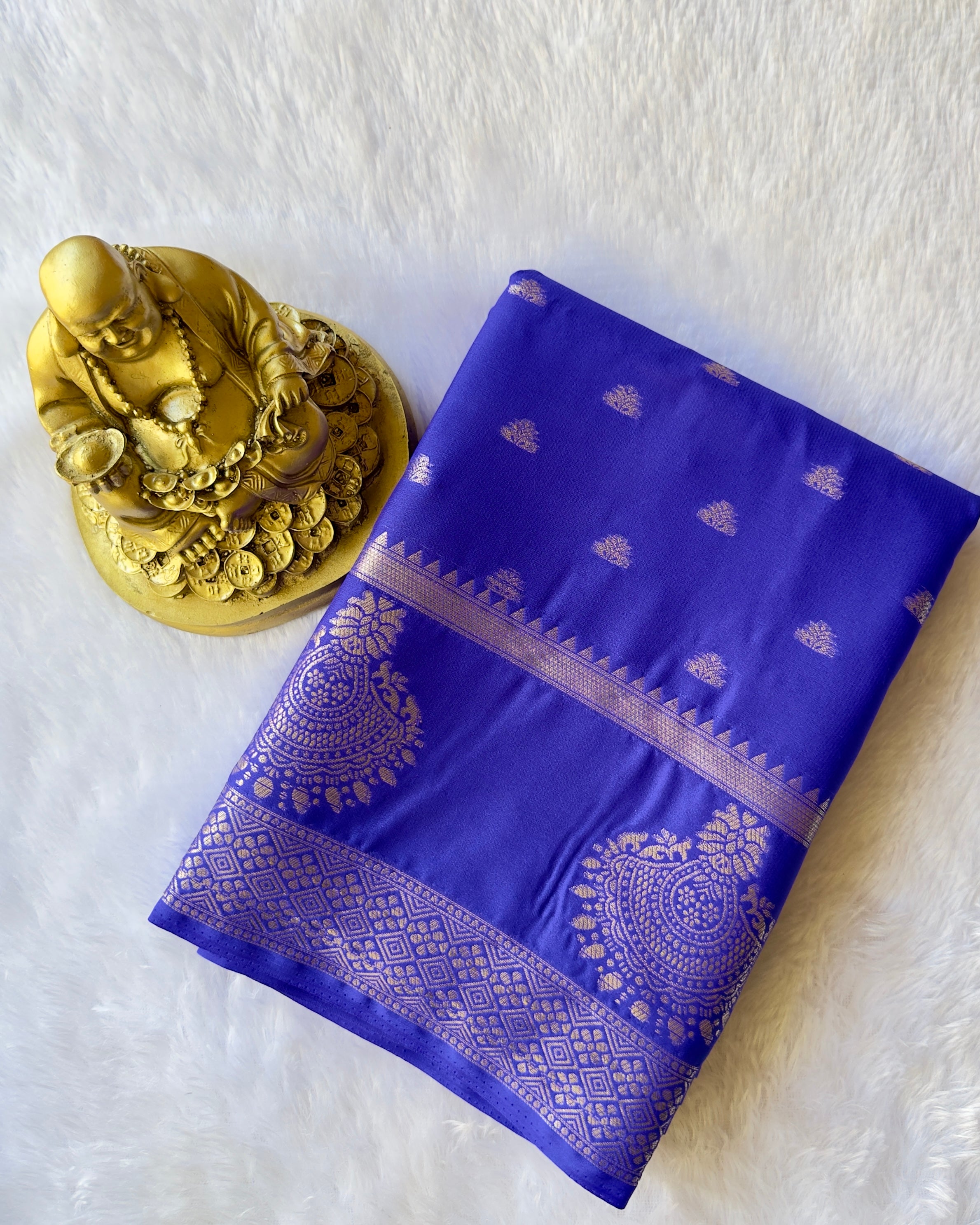 Semi Mysore Silk N D Crepe Self Butta With Mayura Border