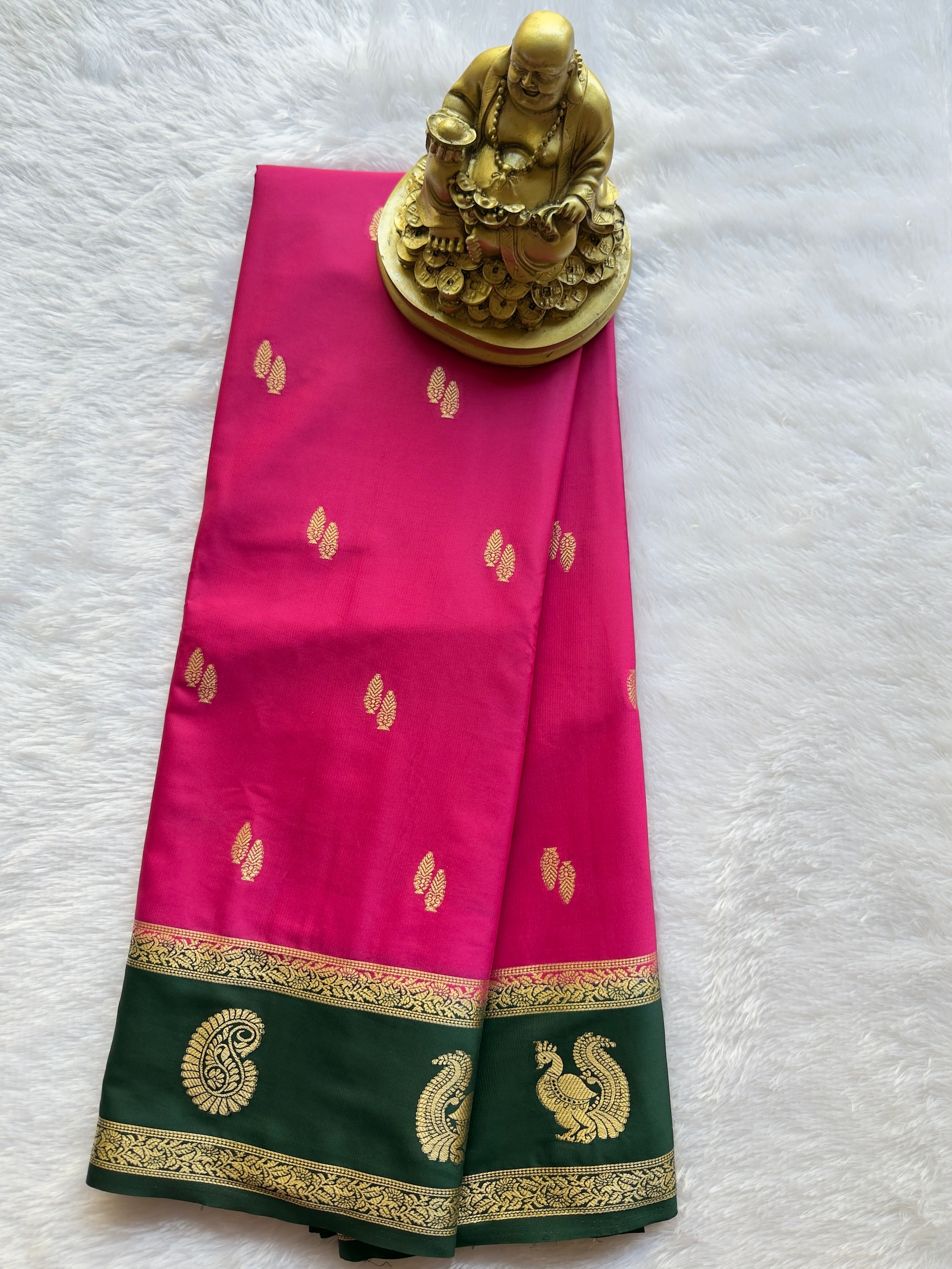 Semi Mysore Silk Leaf Butta with Mango Peacock Motif Border