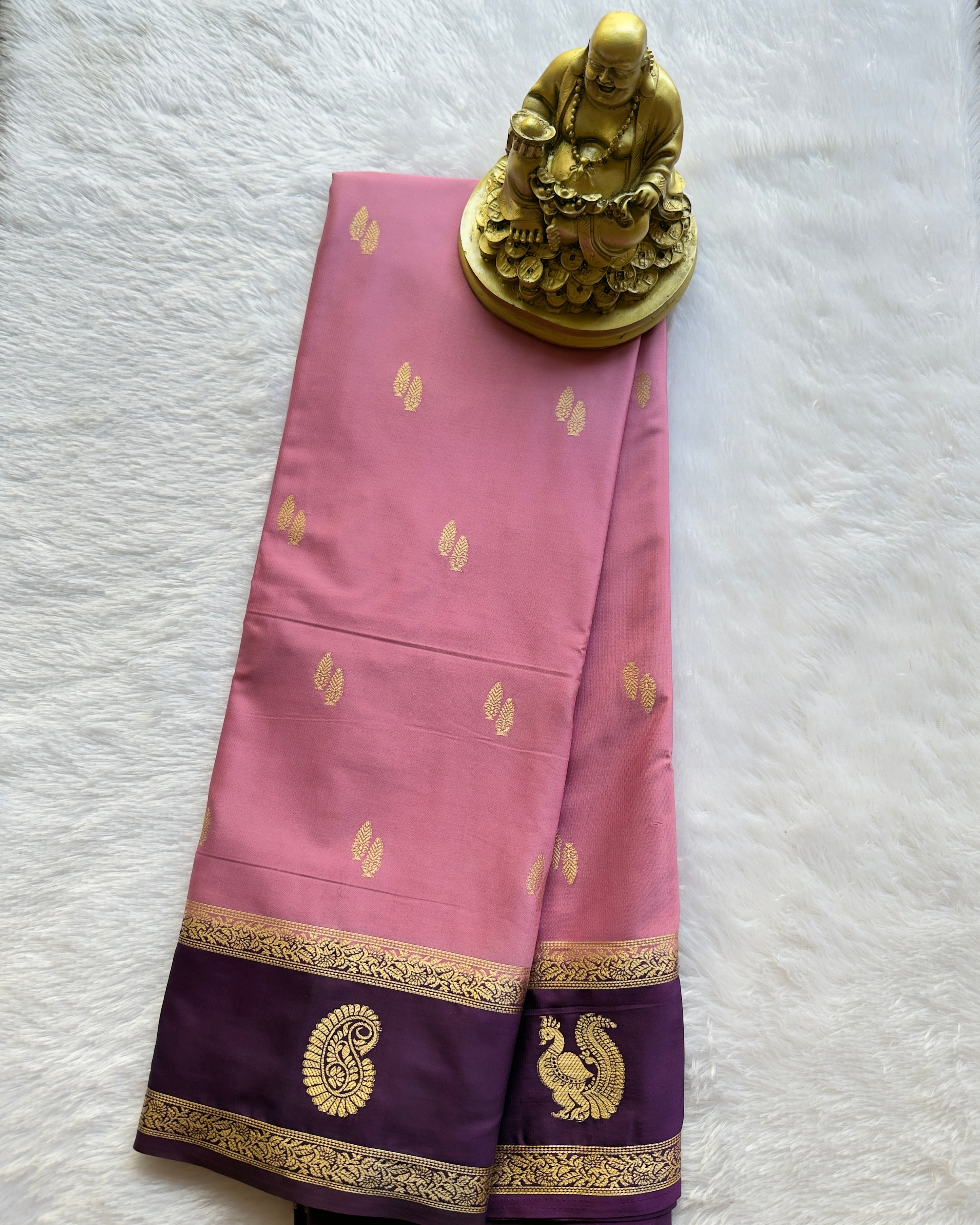 Semi Mysore Silk Leaf Butta with Mango Peacock Motif Border