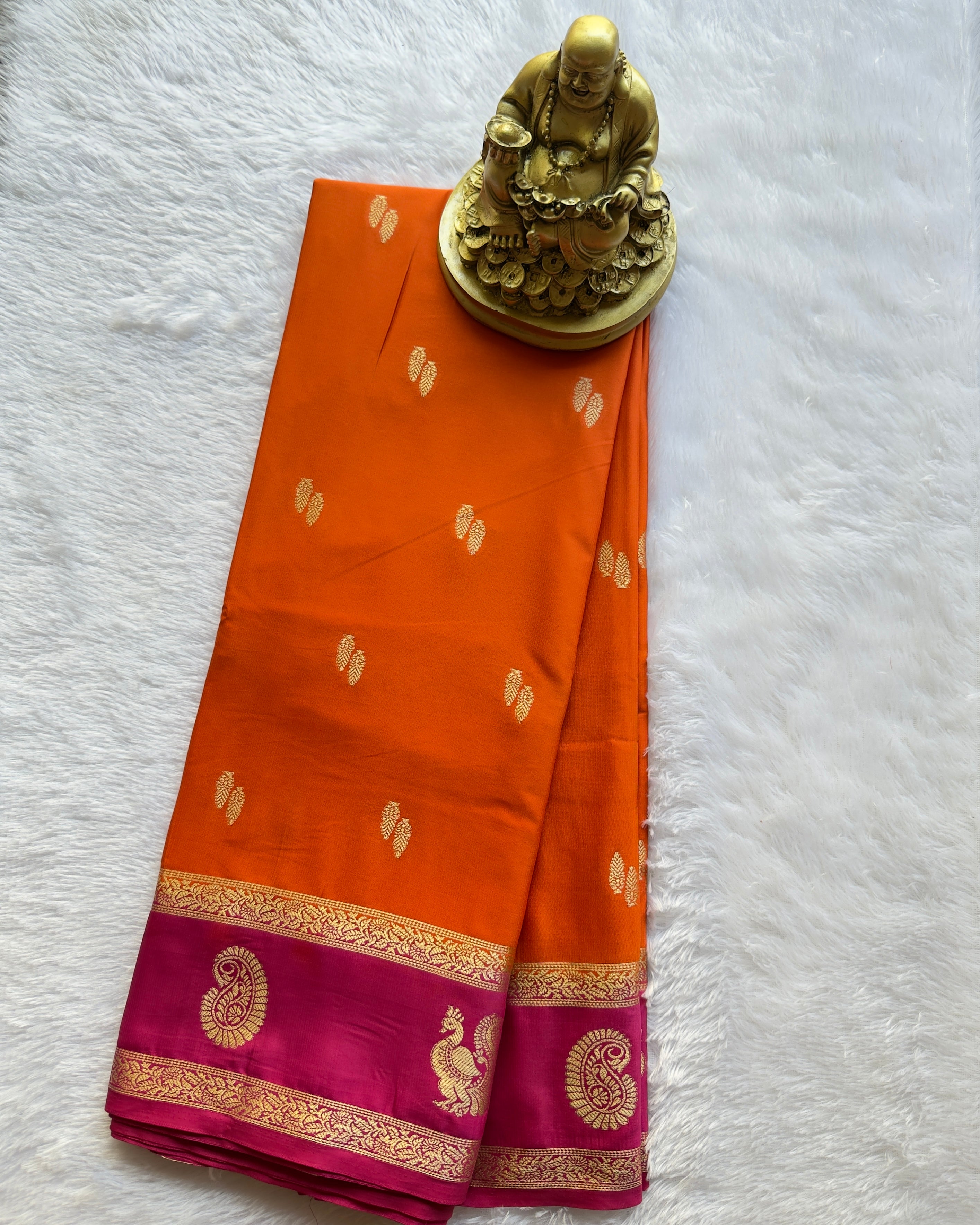 Semi Mysore Silk Leaf Butta with Mango Peacock Motif Border