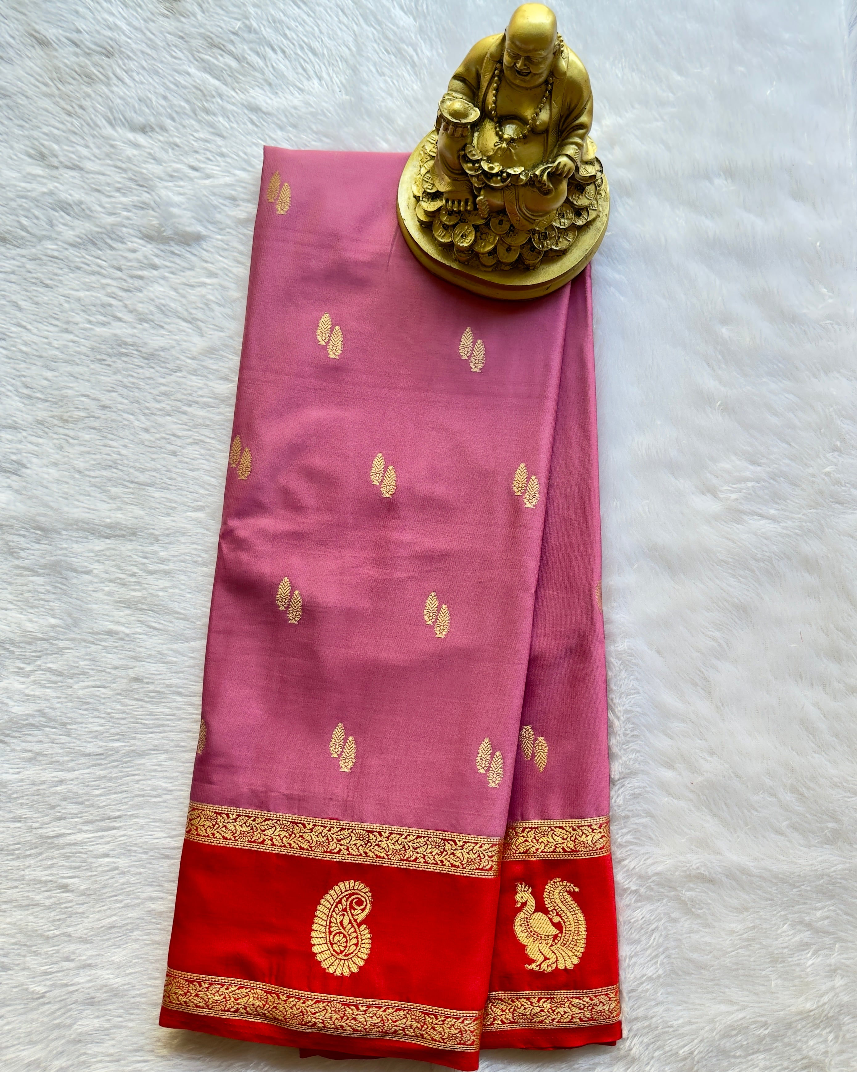 Semi Mysore Silk Leaf Butta with Mango Peacock Motif Border