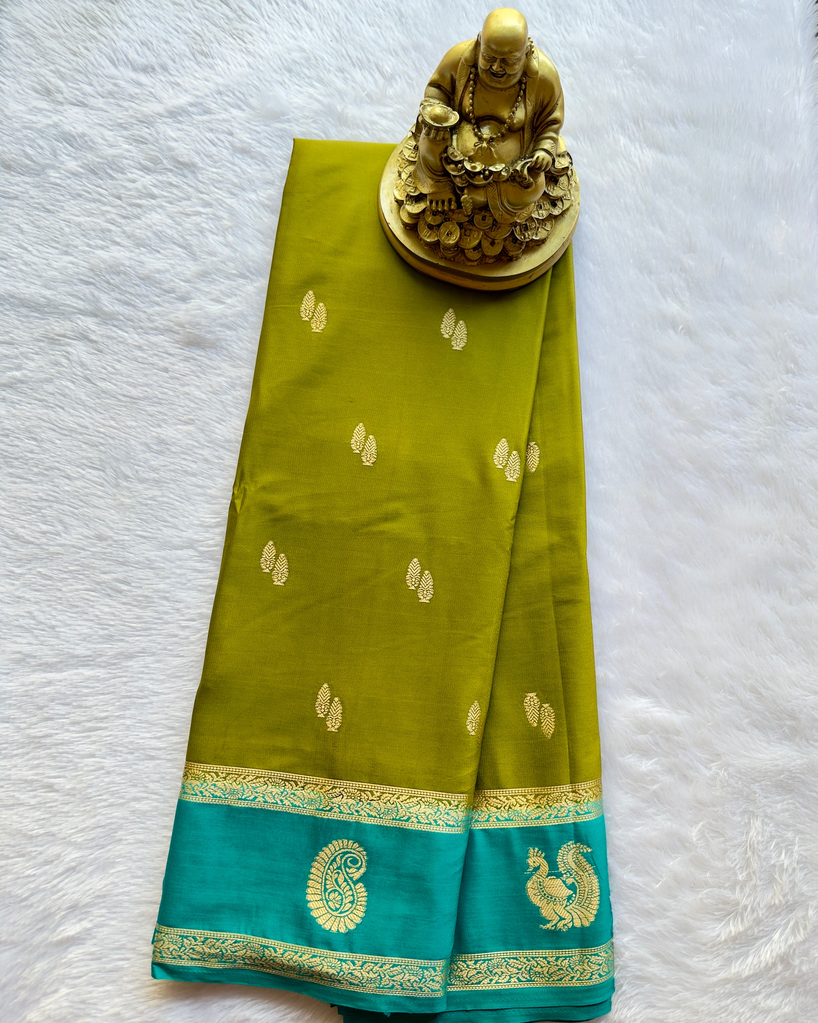 Semi Mysore Silk Leaf Butta with Mango Peacock Motif Border