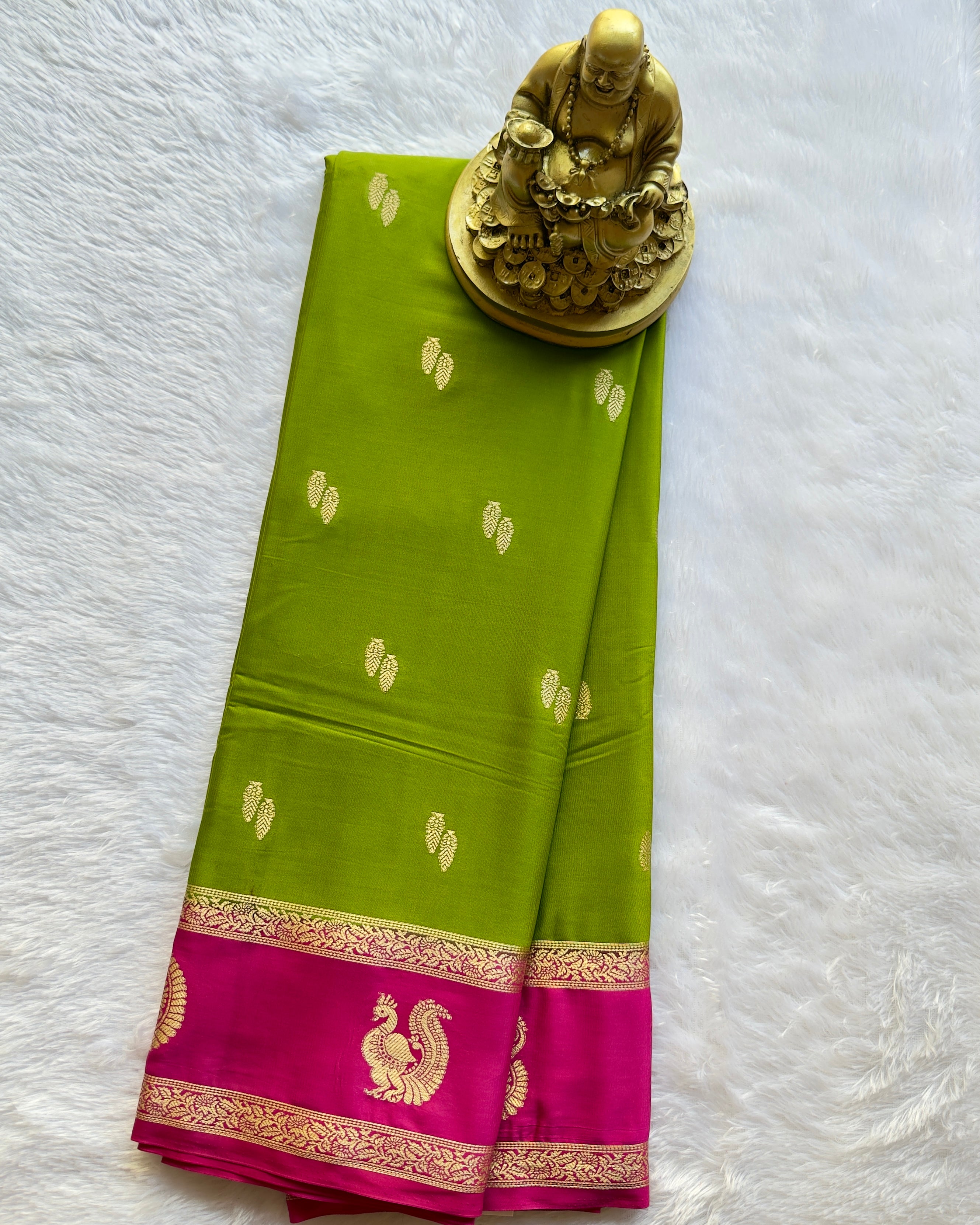Semi Mysore Silk Leaf Butta with Mango Peacock Motif Border