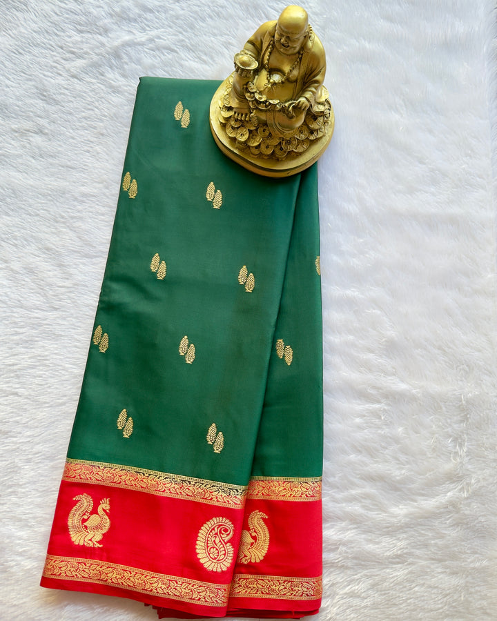 Semi Mysore Silk Leaf Butta with Mango Peacock Motif Border
