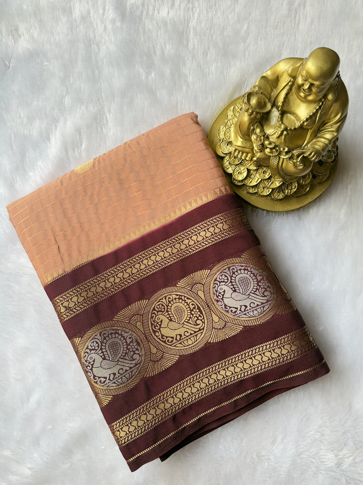 Semi Mysore Silk Small  Checks body Peacock circle  Border