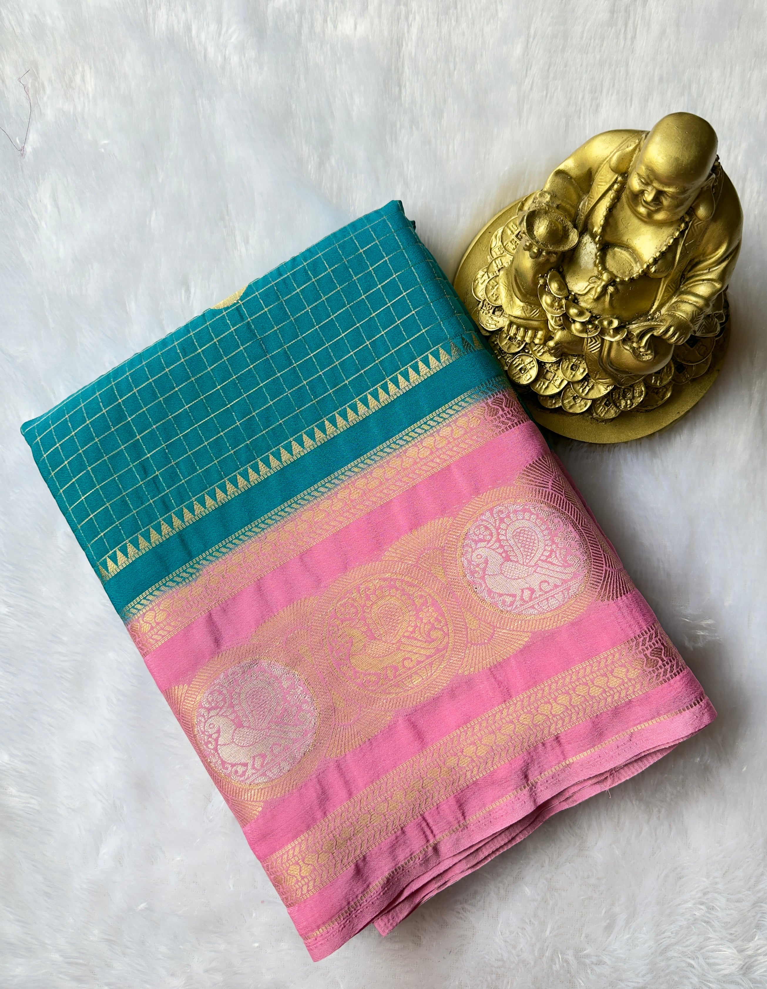 Semi Mysore Silk Small  Checks body Peacock circle  Border