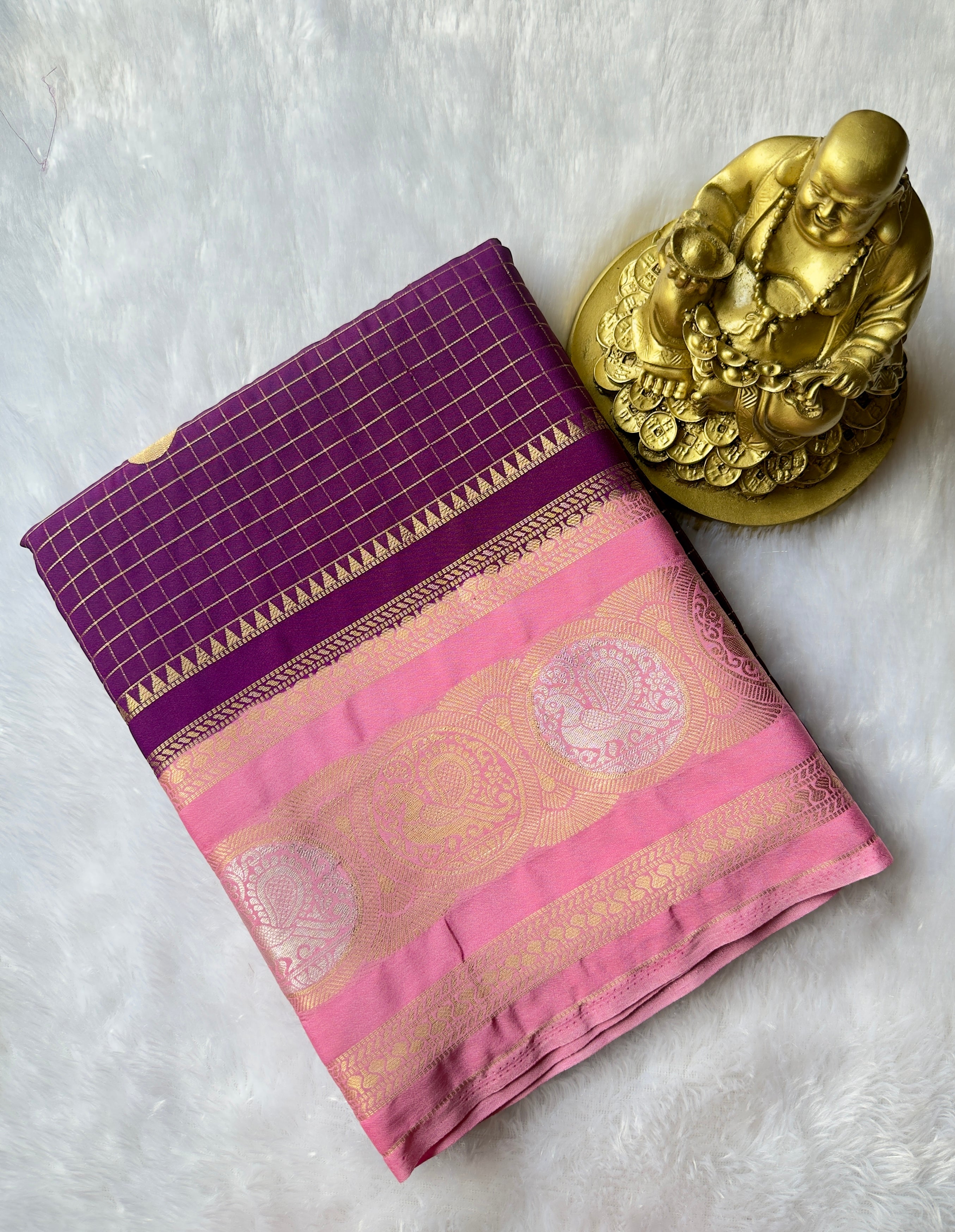 Semi Mysore Silk Small  Checks body Peacock circle  Border