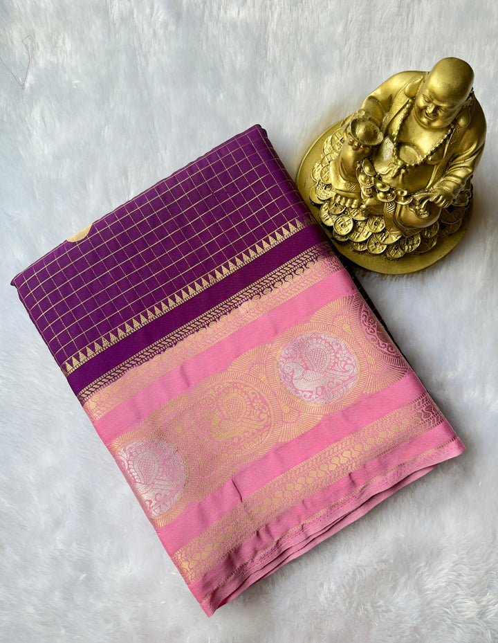 Semi Mysore Silk Small  Checks body Peacock circle  Border