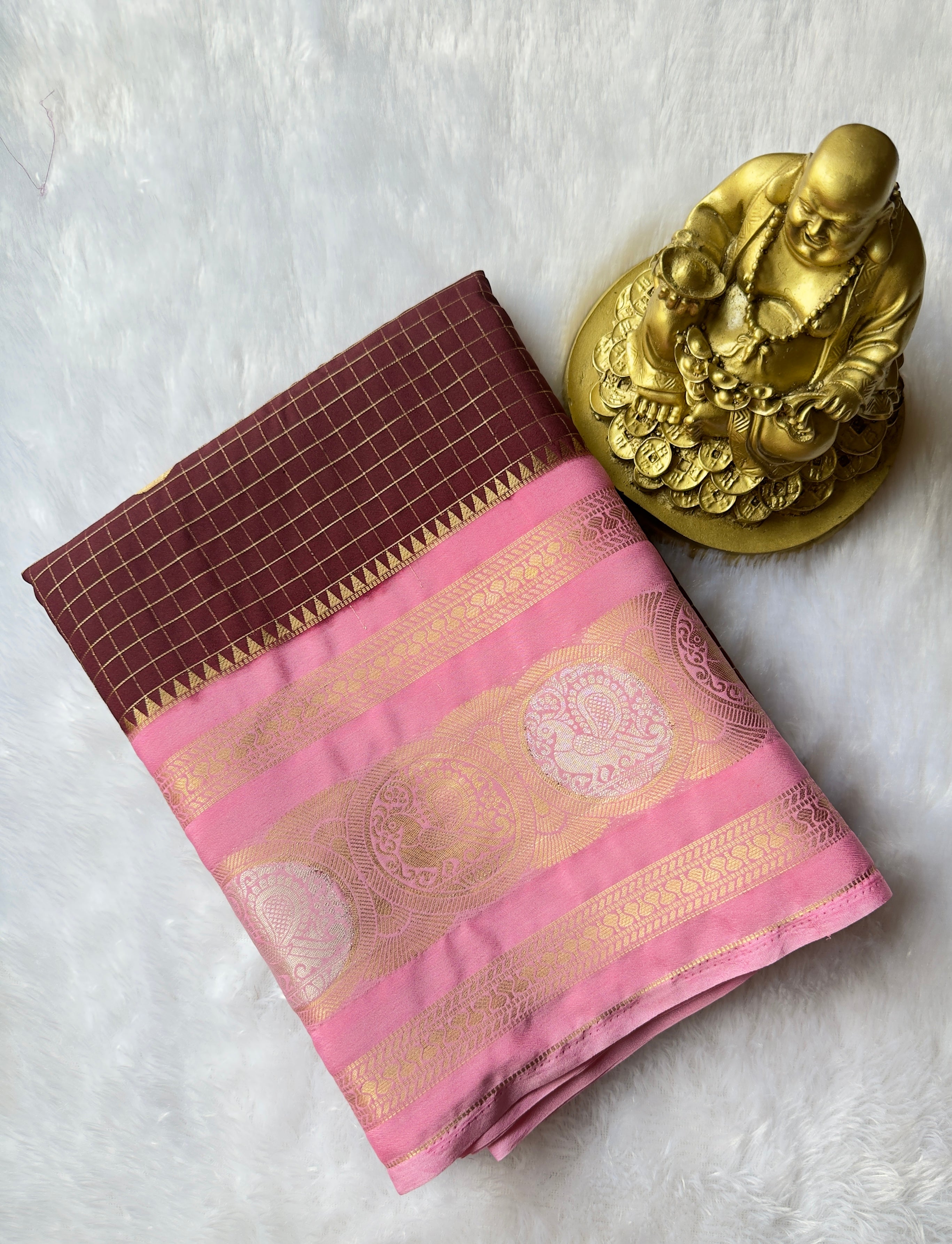 Semi Mysore Silk Small  Checks body Peacock circle  Border
