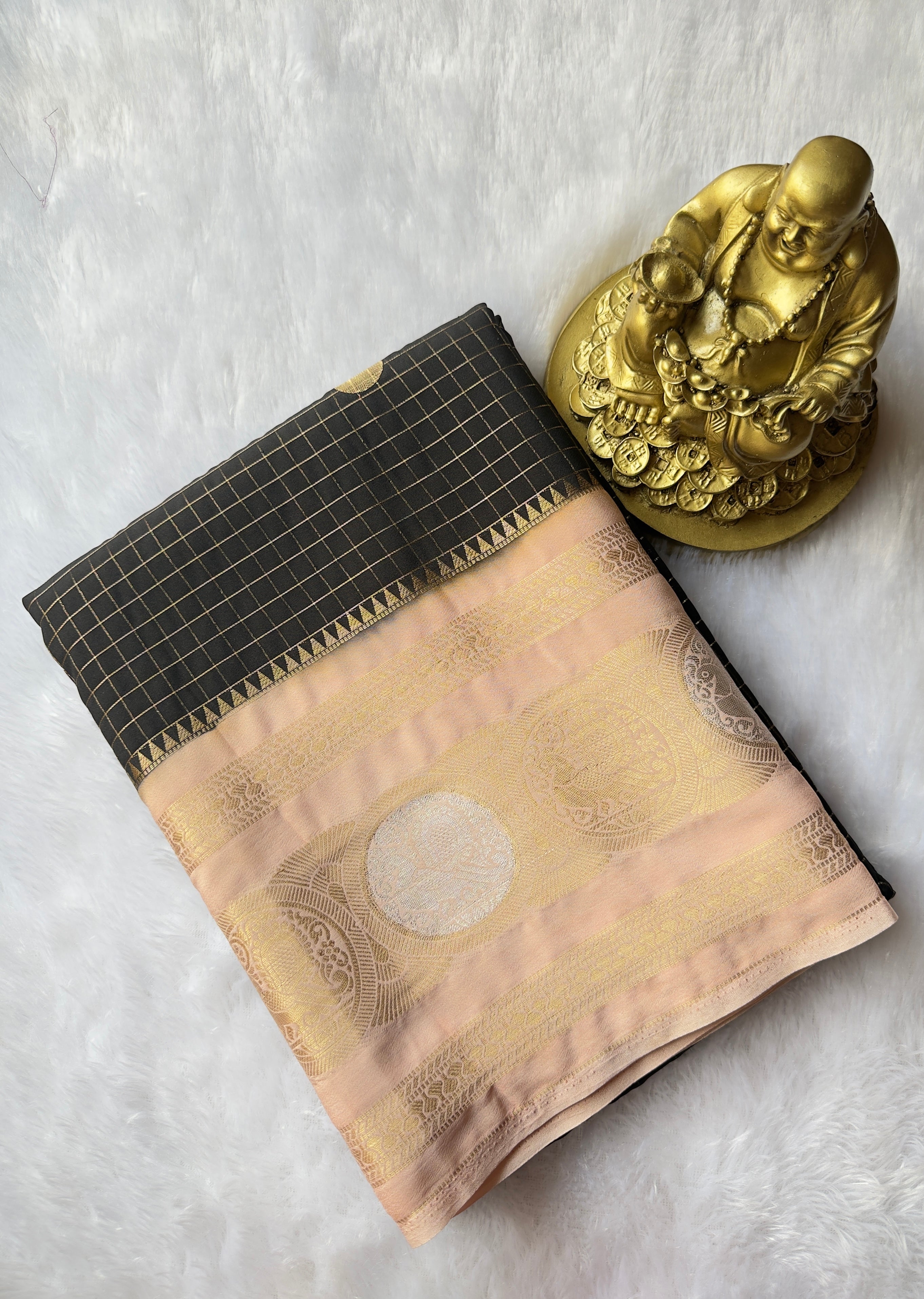 Semi Mysore Silk Small  Checks body Peacock circle  Border