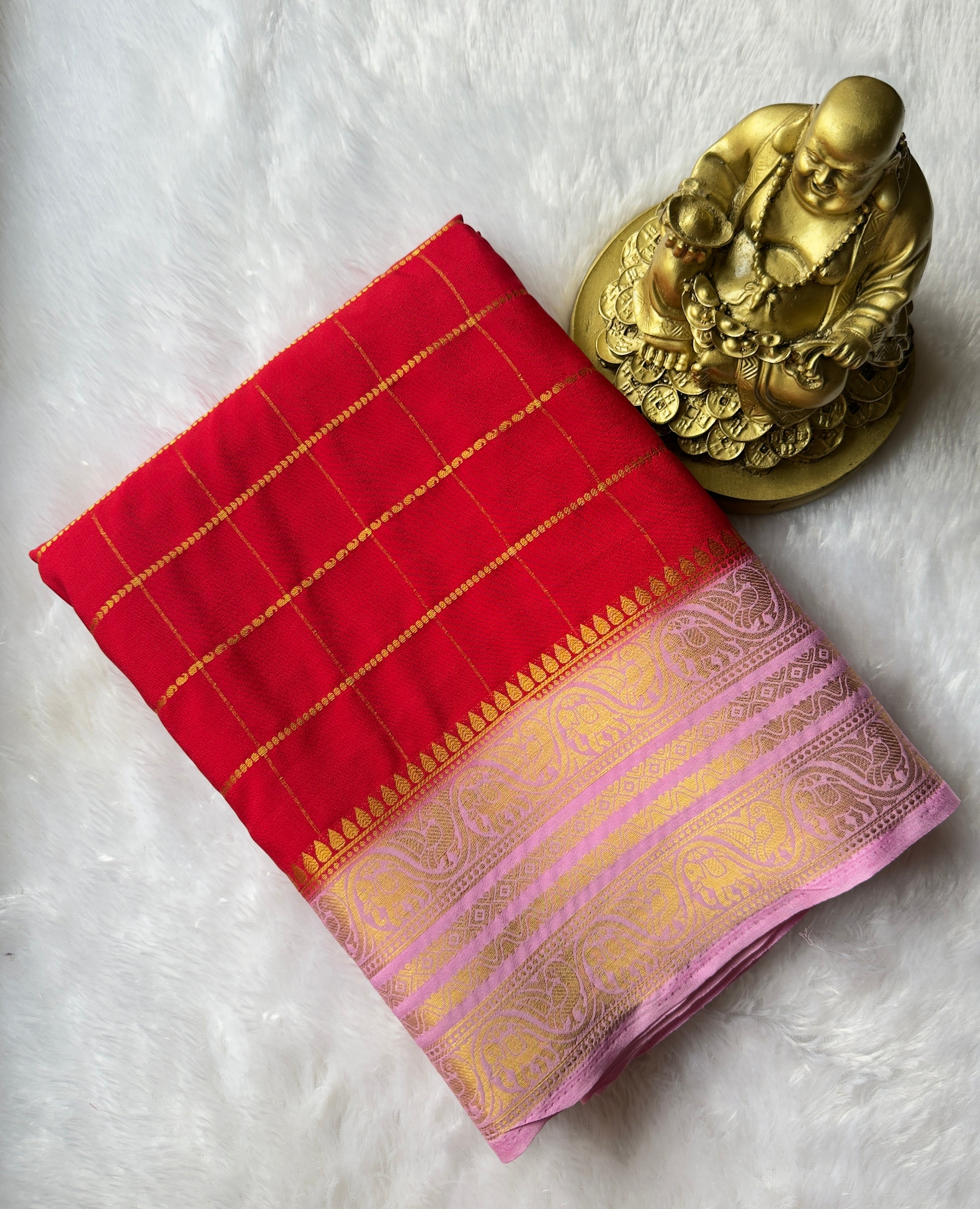 Semi Mysore Silk big Checks body Peacock n elephant  Border