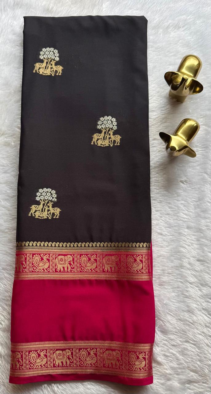 Semi Mysore Silk Dear Butta With Elephant And Peacock Bentex Border