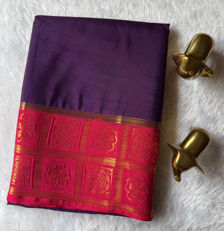 Semi Mysore Silk Plain Body With  Flower motif Border, Washable