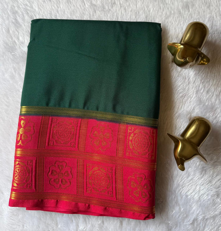 Semi Mysore Silk Plain Body With  Flower motif Border, Washable