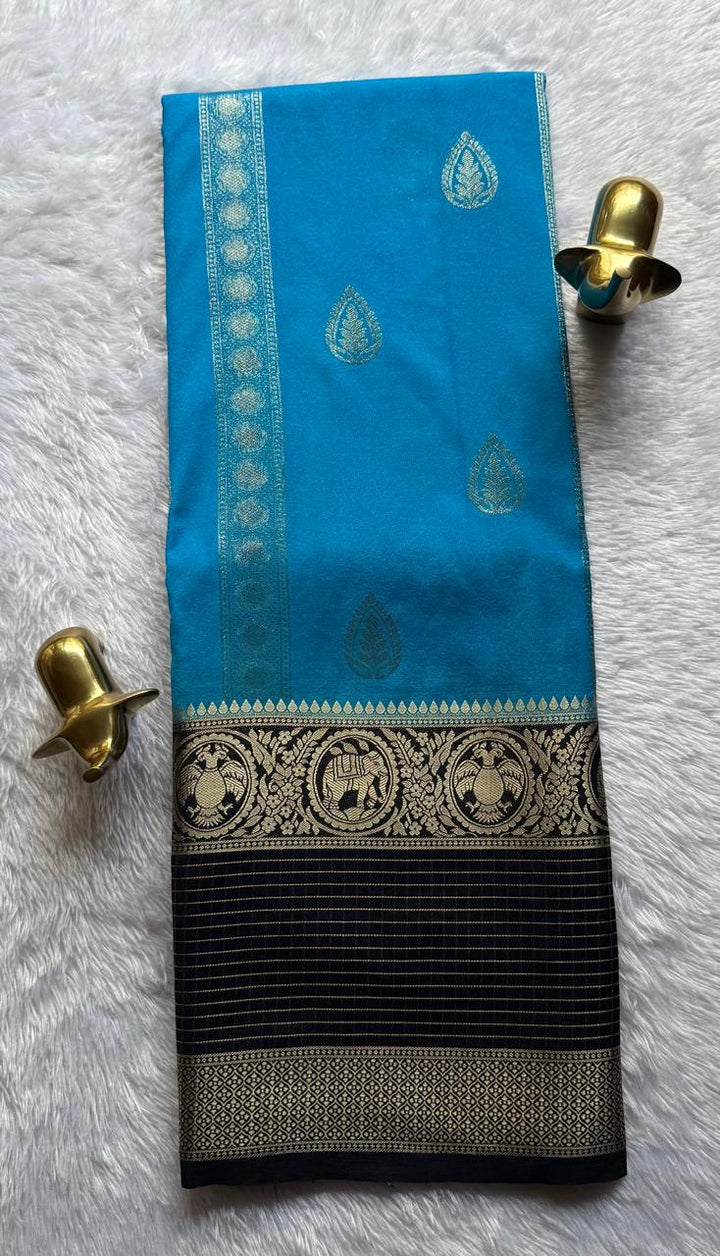 Semi Mysore Silk Leaf Butta With Gandaberuda Elephant Checks Border, Washable