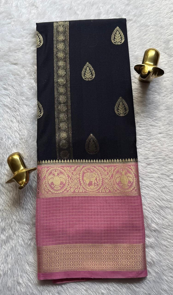 Semi Mysore Silk Leaf Butta With Gandaberuda Elephant Checks Border, Washable