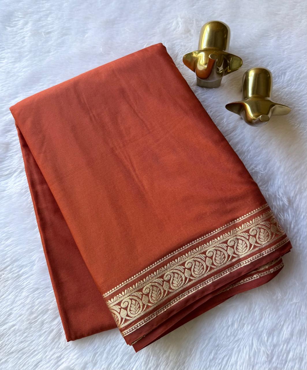 Semi Mysore Silk Plain Body Piping Mango Border