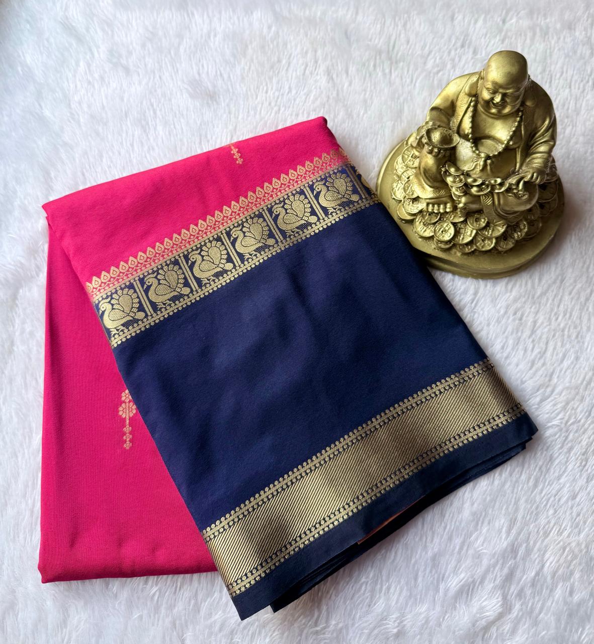 Semi Mysore Silk Small Flower Butta With Peacock Border, Washable