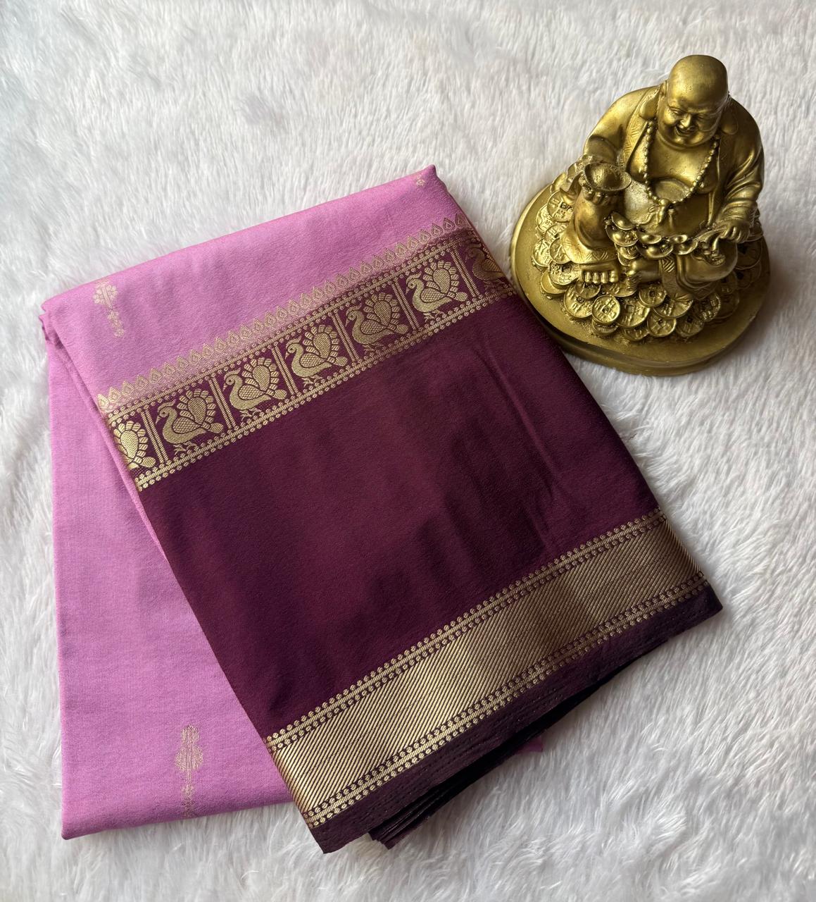 Semi Mysore Silk Small Flower Butta With Peacock Border, Washable