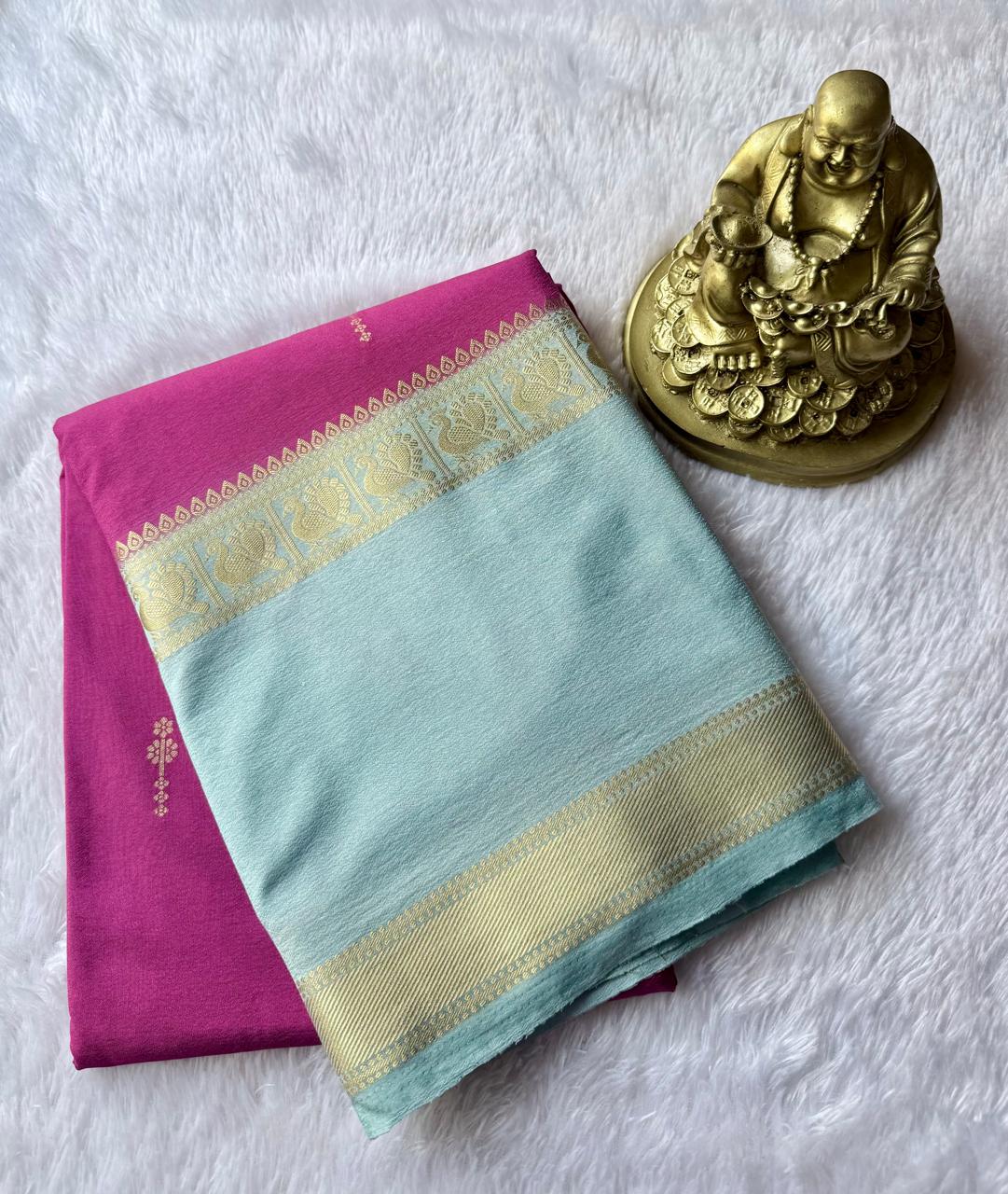 Semi Mysore Silk Small Flower Butta With Peacock Border, Washable