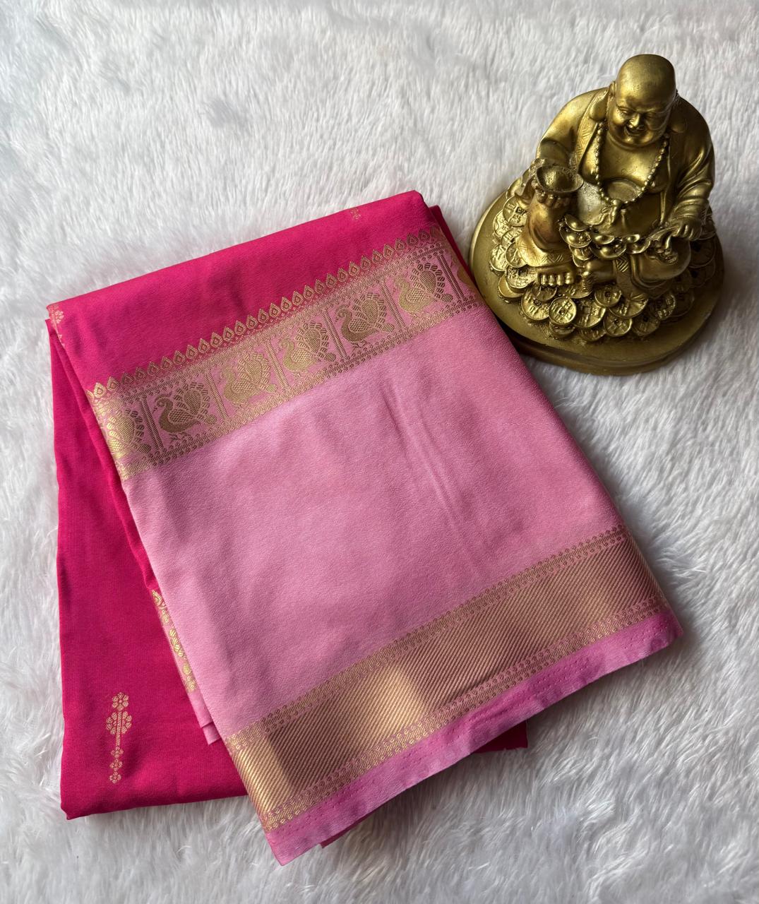 Semi Mysore Silk Small Flower Butta With Peacock Border, Washable