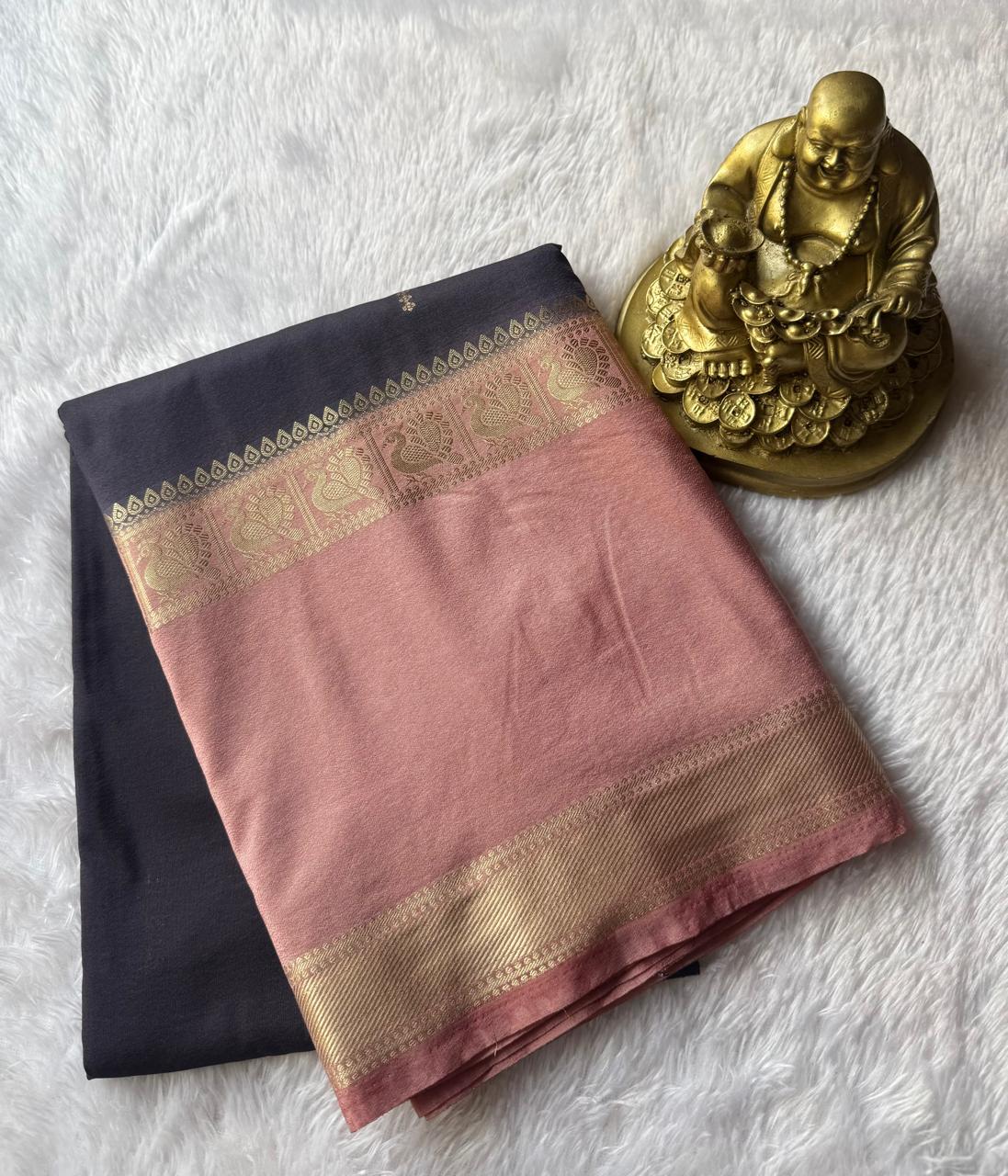 Semi Mysore Silk Small Flower Butta With Peacock Border, Washable