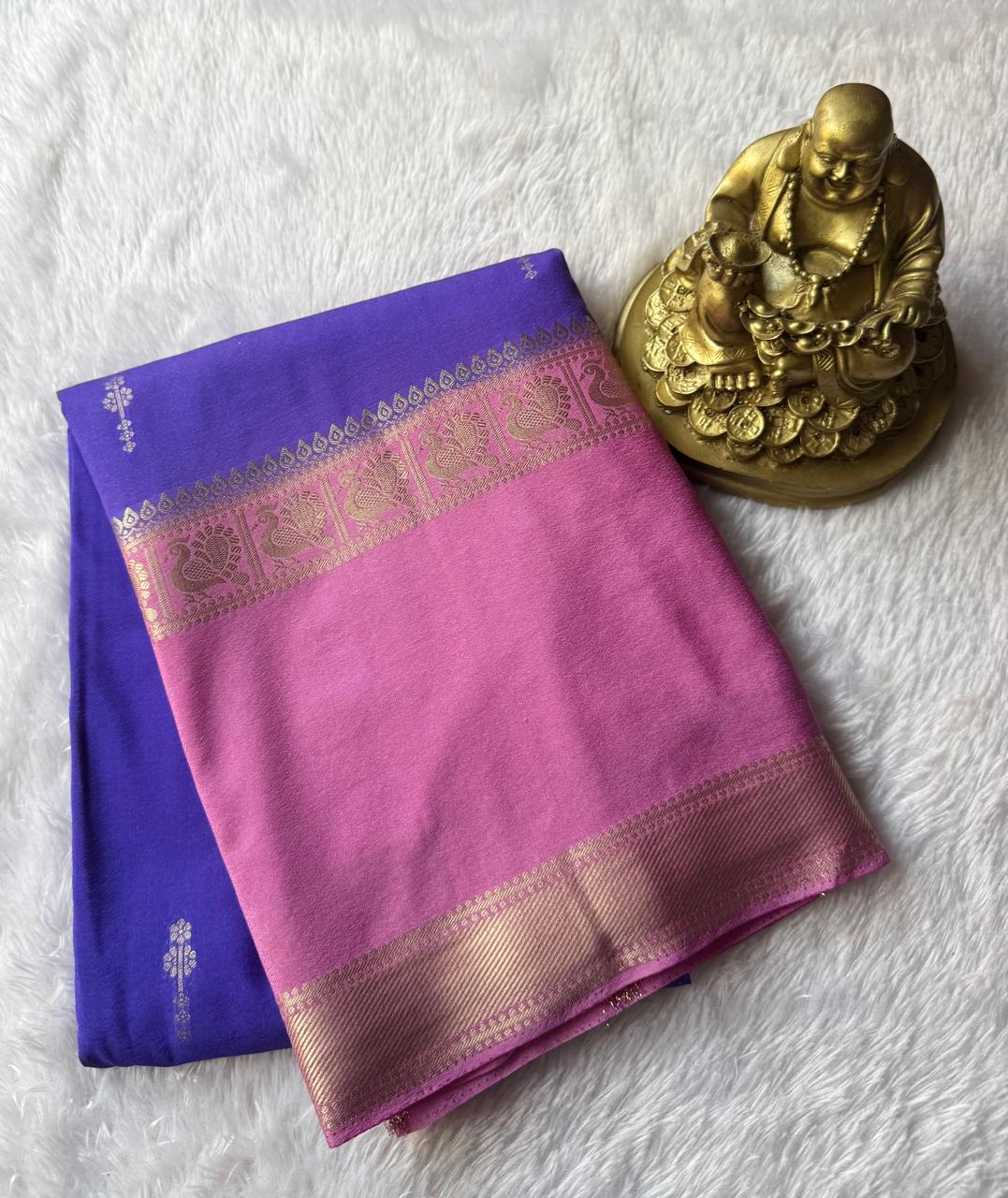 Semi Mysore Silk Small Flower Butta With Peacock Border, Washable