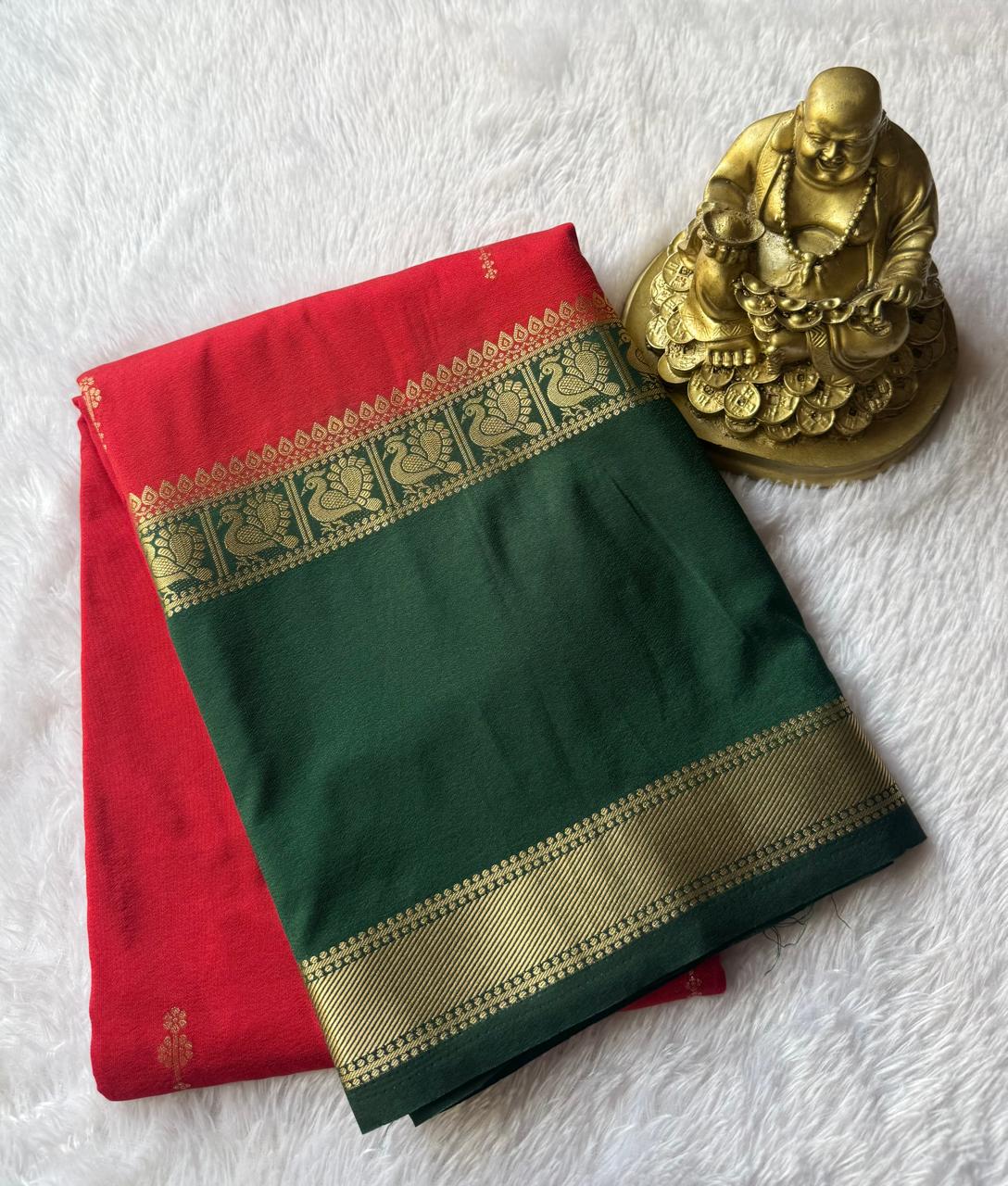 Semi Mysore Silk Small Flower Butta With Peacock Border, Washable