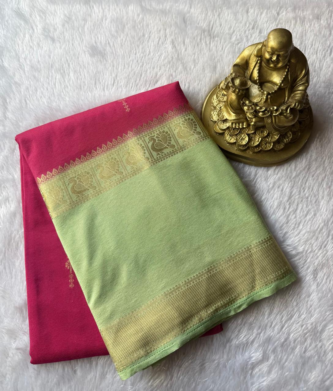 Semi Mysore Silk Small Flower Butta With Peacock Border, Washable