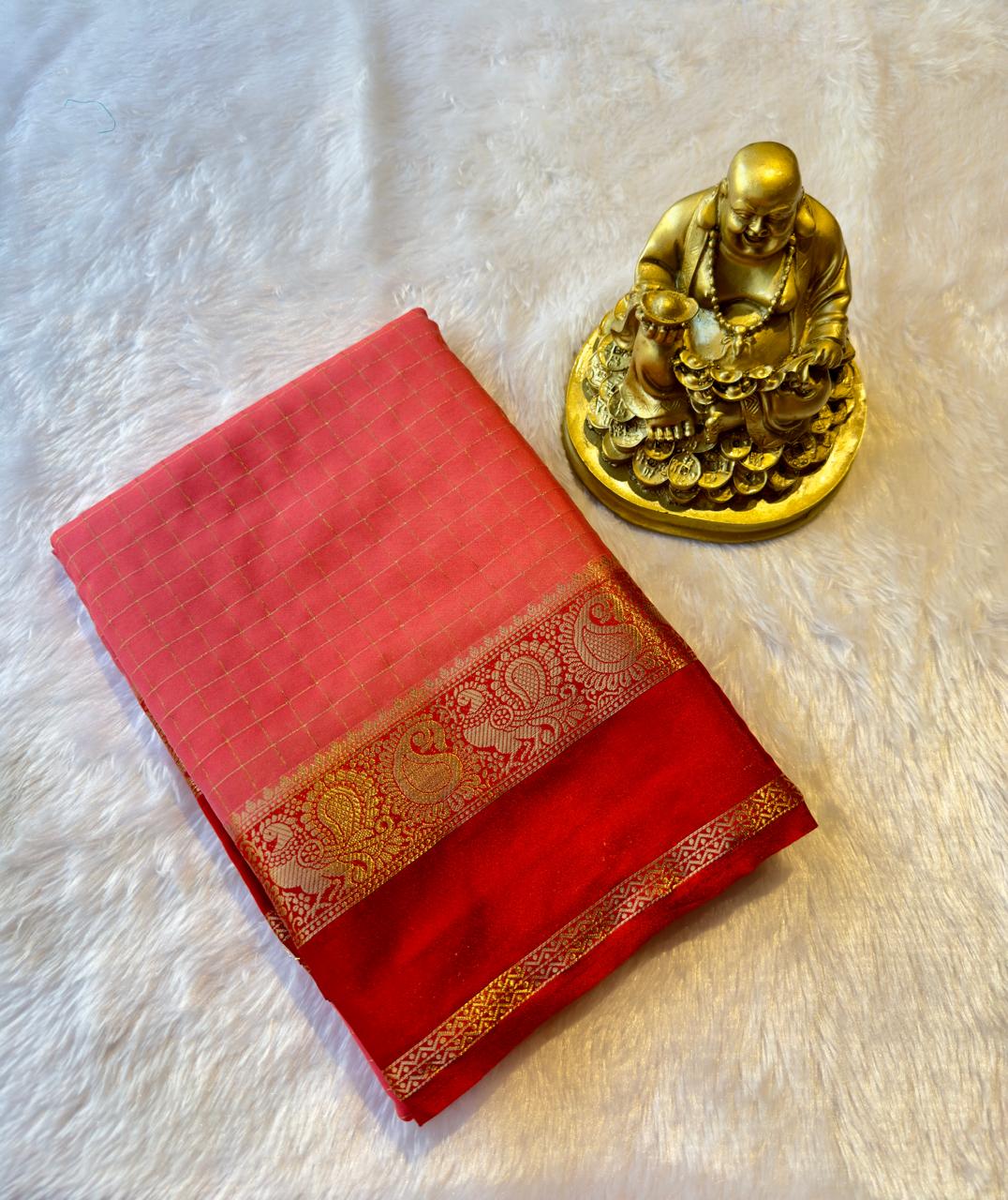 Semi Mysore Silk Checks with Peacock and mango Border