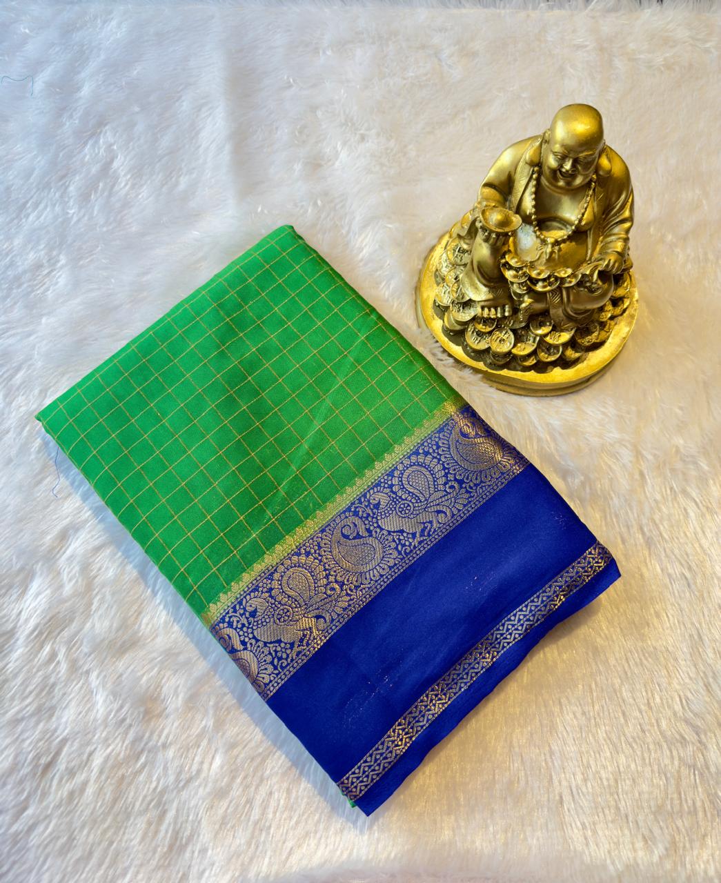 Semi Mysore Silk Checks with Peacock and mango Border