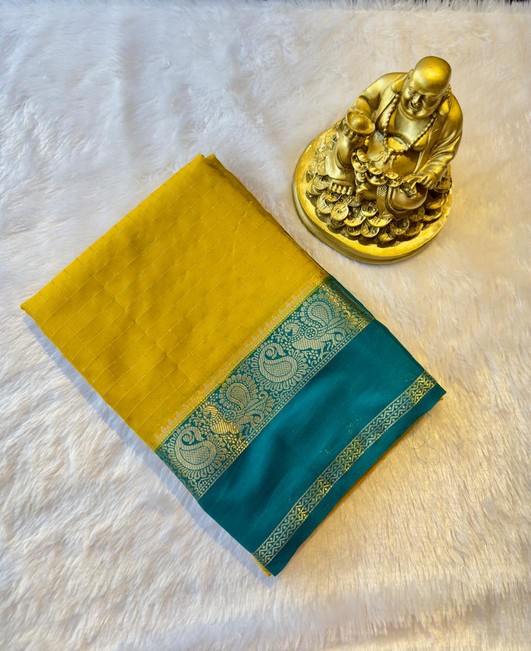 Semi Mysore Silk Checks with Peacock and mango Border