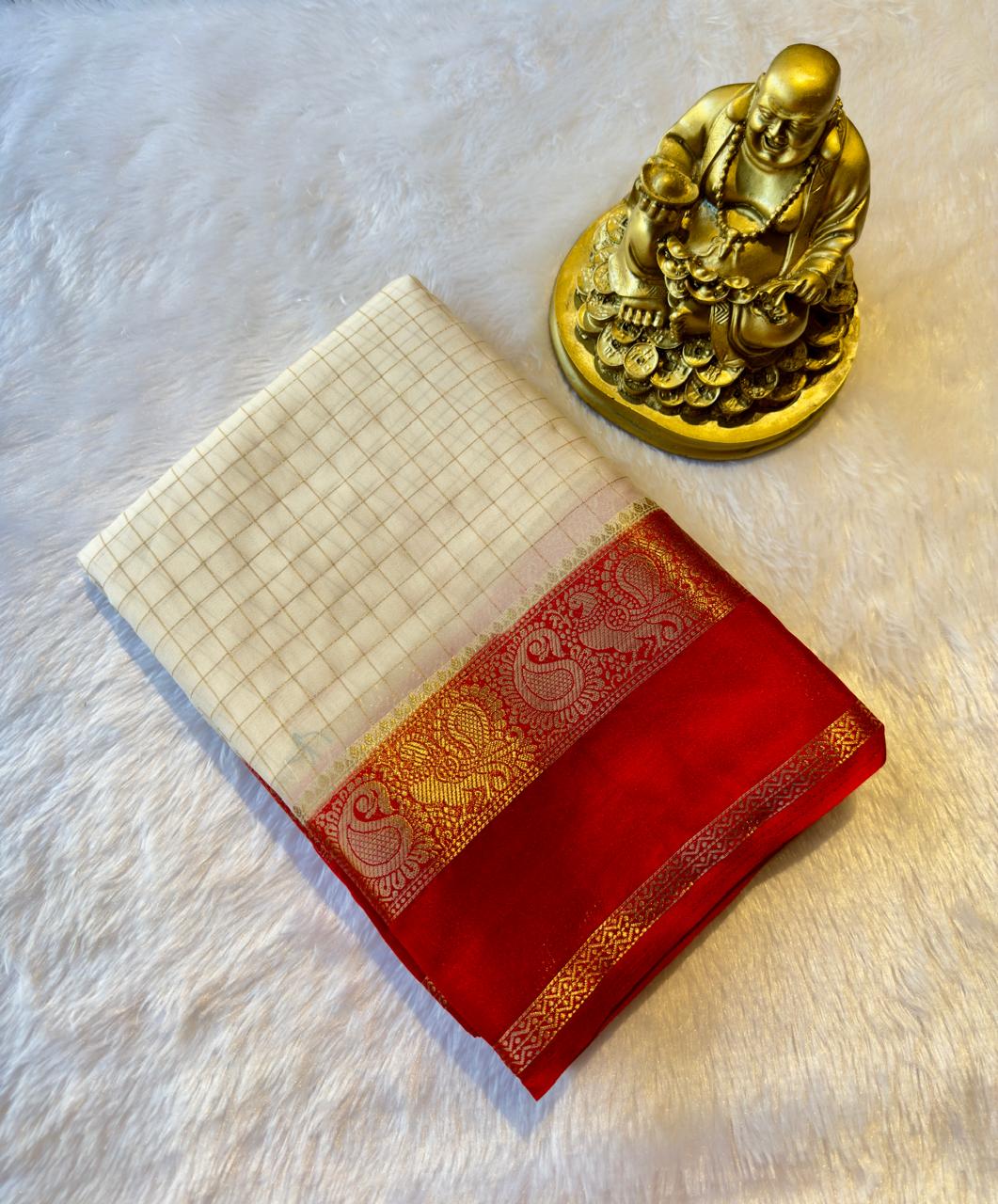 Semi Mysore Silk Checks with Peacock and mango Border