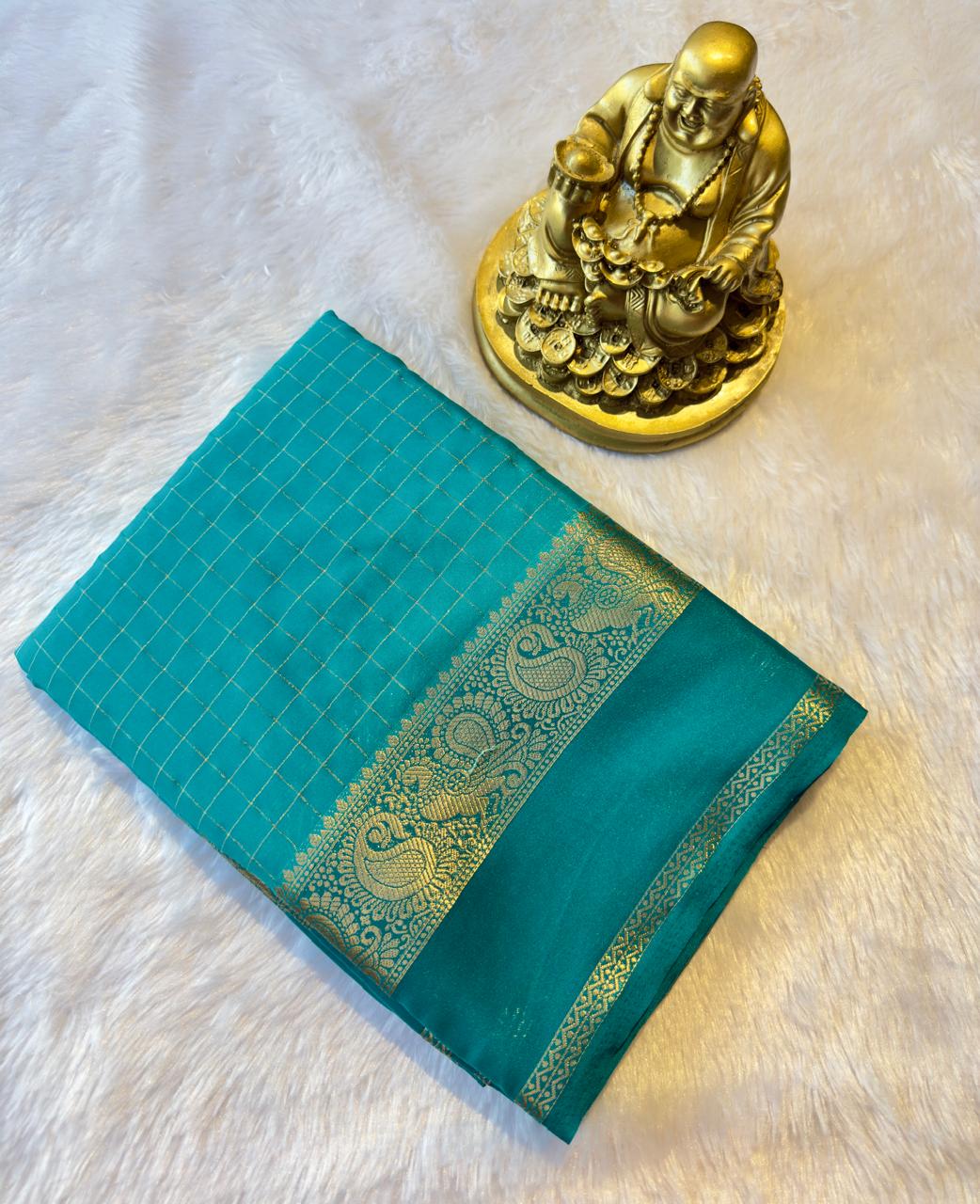 Semi Mysore Silk Checks with Peacock and mango Border