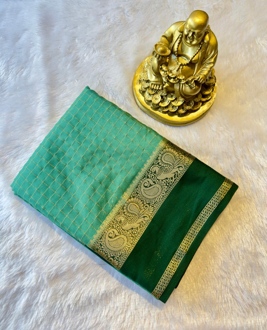 Semi Mysore Silk Checks with Peacock and mango Border