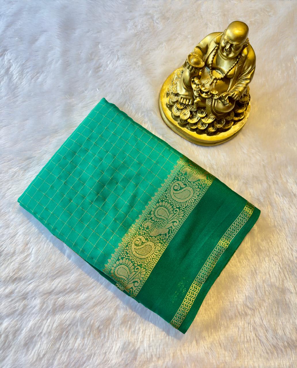 Semi Mysore Silk Checks with Peacock and mango Border